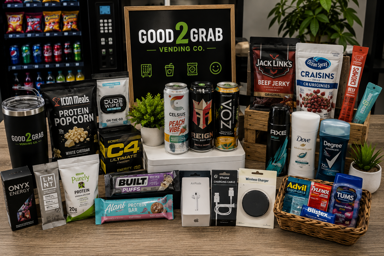 A variety of snacks, beverages, and personal care products displayed on a table, including protein snacks, energy drinks, chips, and hygiene items, with a blackboard sign from 'Good 2 Grab Vending Co.' in the background.