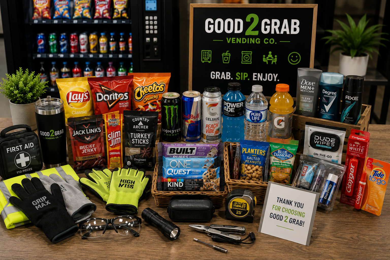 Collection of vending snacks and drinks, first aid kit, gloves, flashlight, multitool, and health supplies on a wooden table with a sign saying "Good 2 Grab Vending Co." and a vending machine in the background.