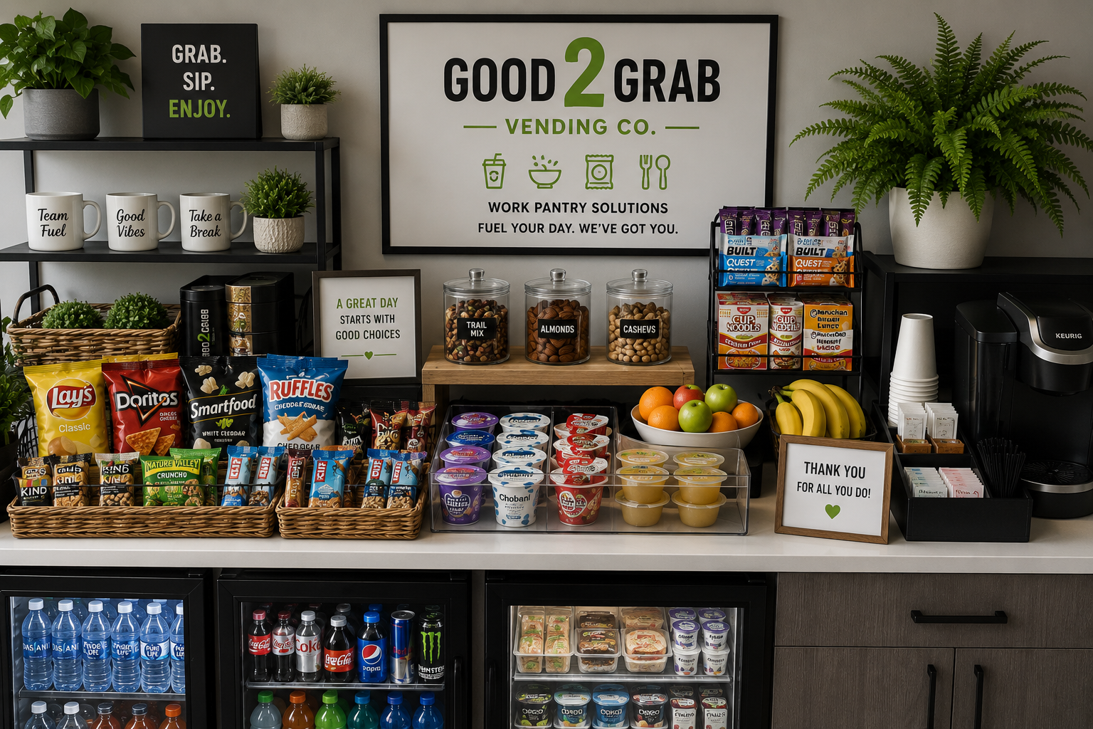 A pantry station with snacks, beverages, and condiments, featuring a large sign that reads 'Good 2 Grab Vending Co.' and smaller signs with messages like 'Thank you for all you do!' and 'A great day starts with good choices.' Items include bottled water, soda, yogurt, granola bars, nuts, fruit, and coffee stations, decorated with potted plants and framed posters.