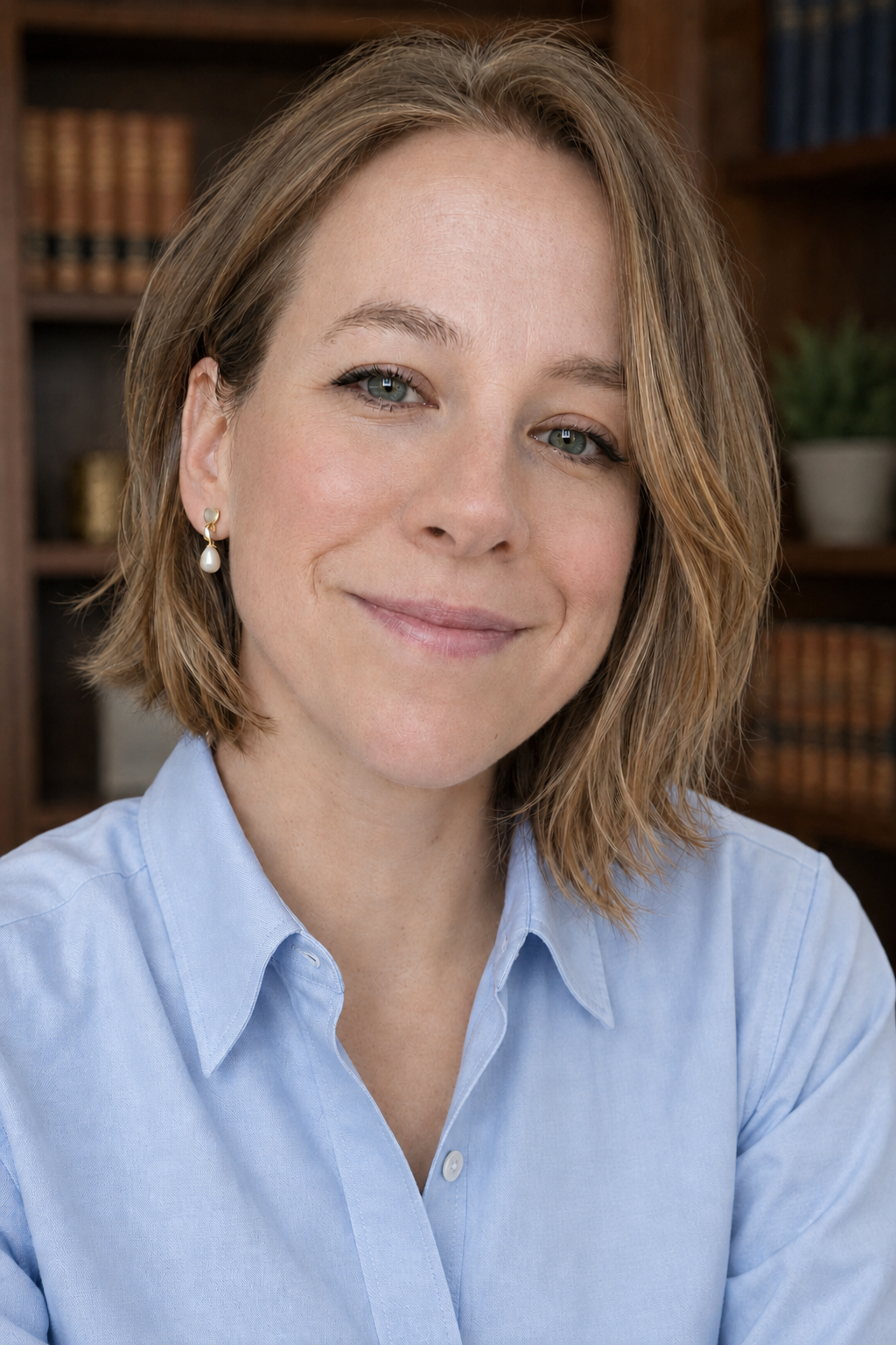 Close-up portrait of a woman with shoulder-length light brown hair, wearing a light blue collared shirt and pearl earrings, smiling softly.