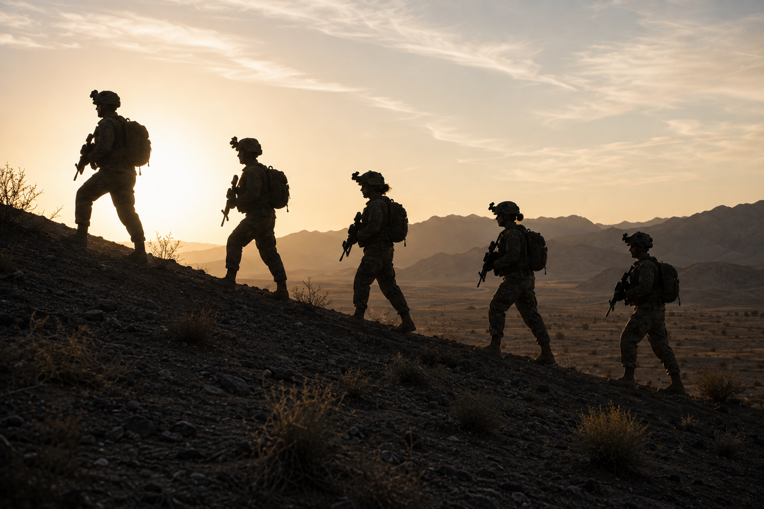 Silhouettes of six soldiers walking up a hillside at sunset in a desert landscape.