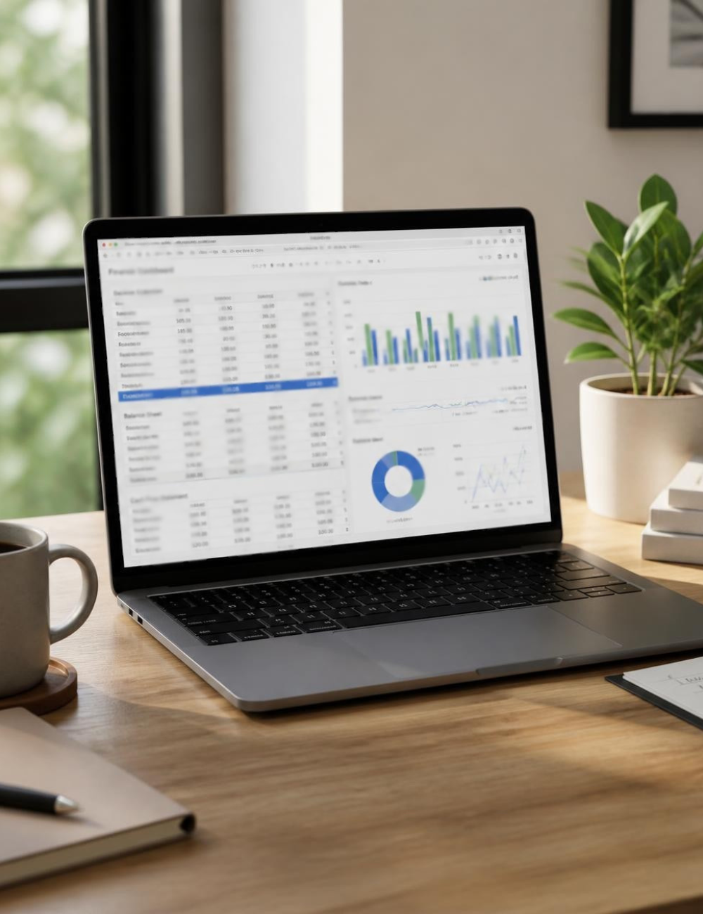 Open laptop on a wooden desk displaying financial charts and spreadsheets, with a coffee mug, notebook, pen, and a potted plant nearby, in front of a window.