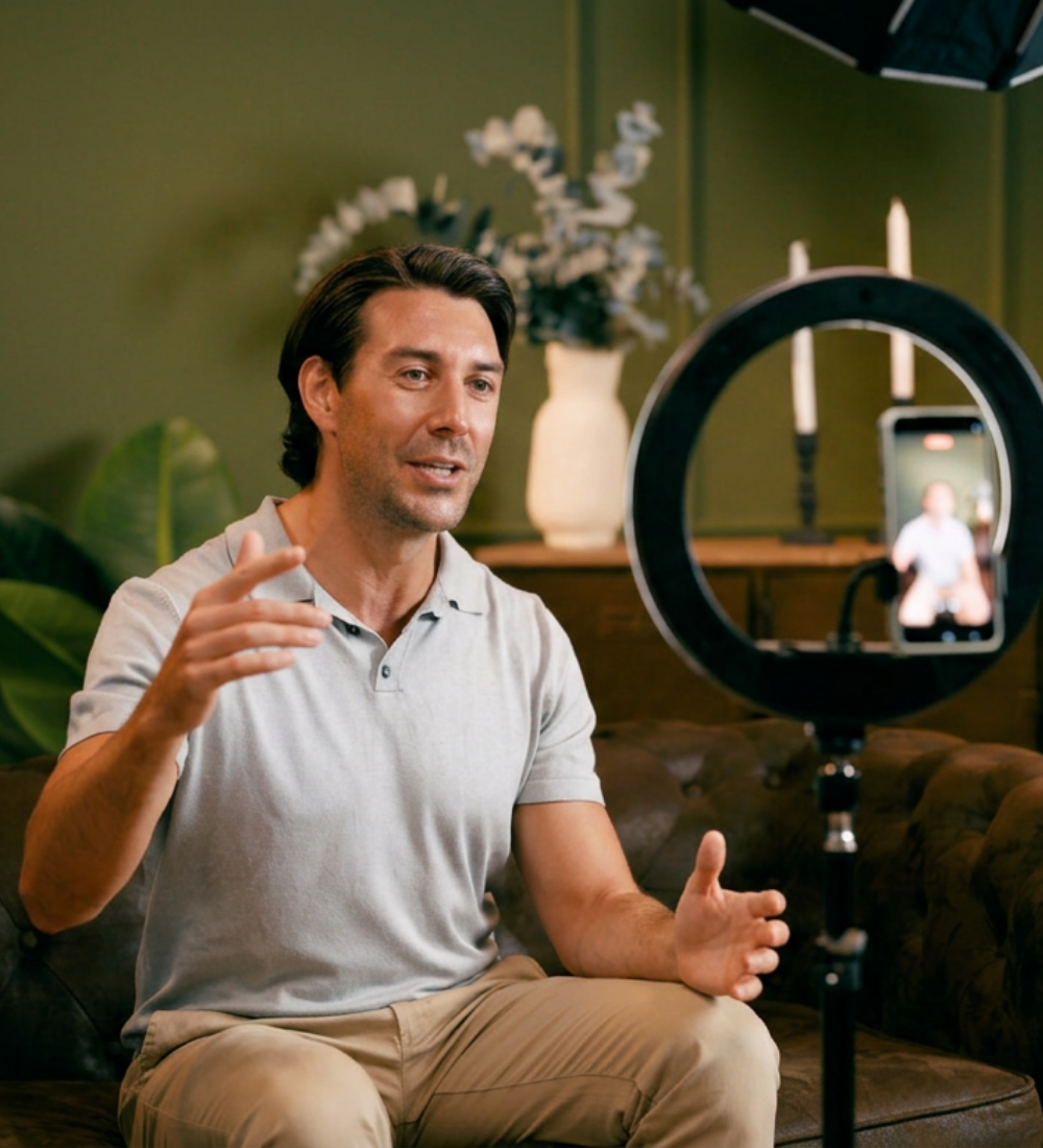 Man recording a video or livestream with a ring light, sitting on a couch in a living room with green walls and decorative items.