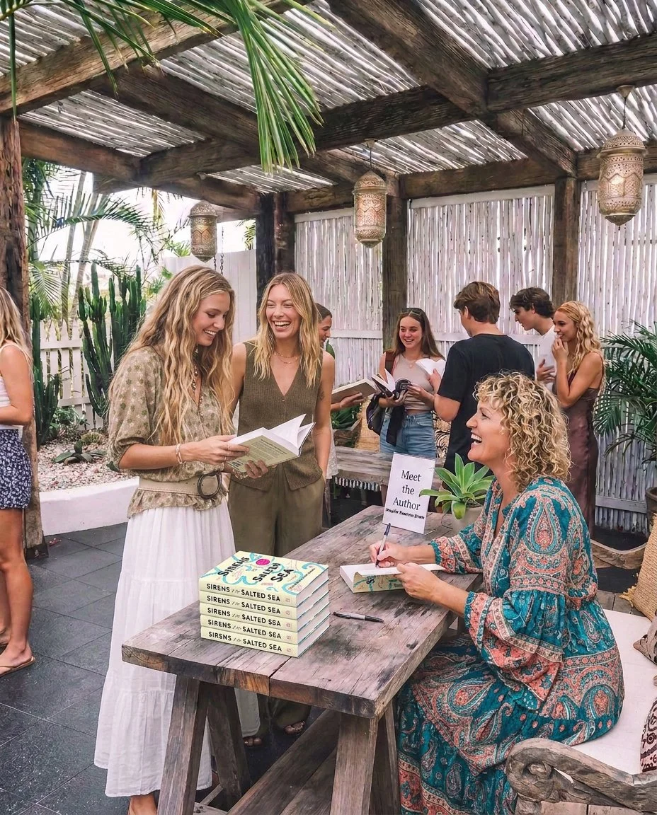 Book signing event at an outdoor venue with a rustic wooden structure and tropical plants. An author with curly blonde hair is seated at a table, signing a book for two women, one with long blonde hair in a beige blouse and white skirt, and the other with straight blonde hair in a green sleeveless top. Several other people are gathered, looking at books and chatting. A sign on the table reads "Meet the Author" and there is a stack of copies of her book titled "Salted Sea."