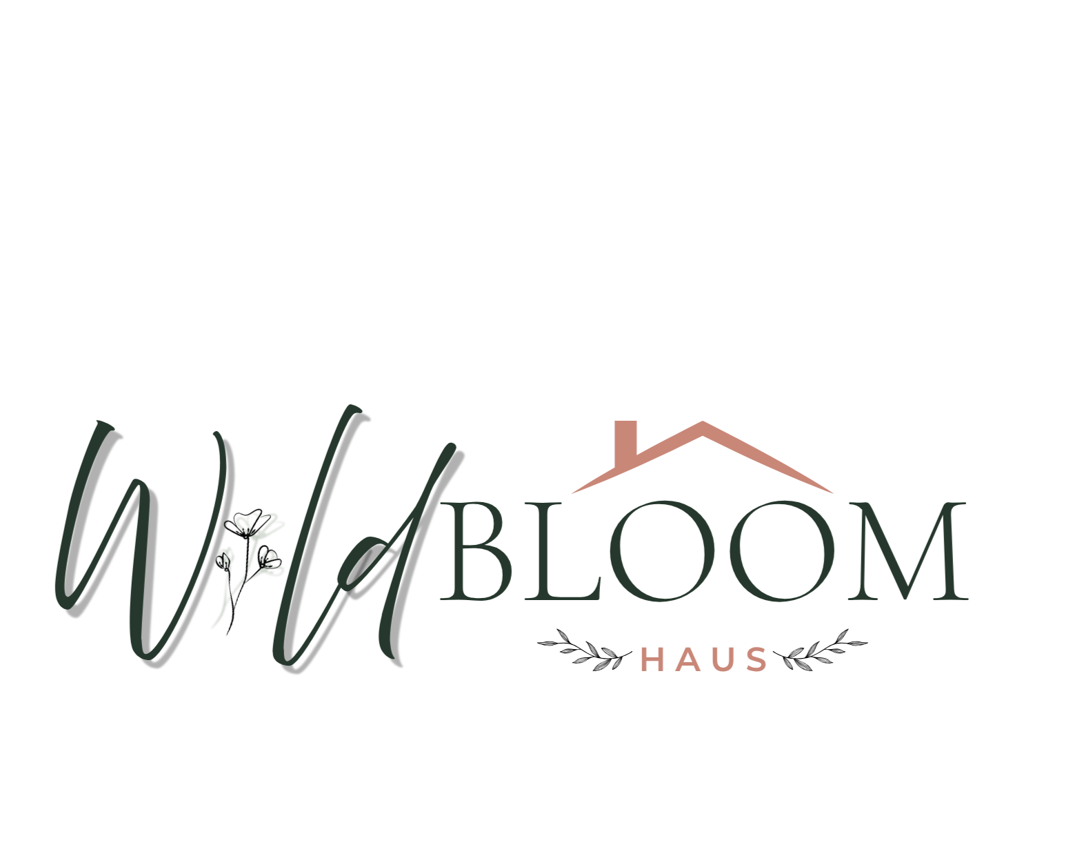 Logo for Wild Bloom Haus, featuring stylized text with a flower illustration and a house roof icon.