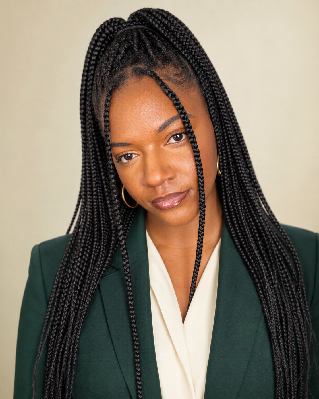 A woman with long braided hair, wearing a dark green blazer and gold earrings, looks directly at the camera with a slight smile against a plain background.