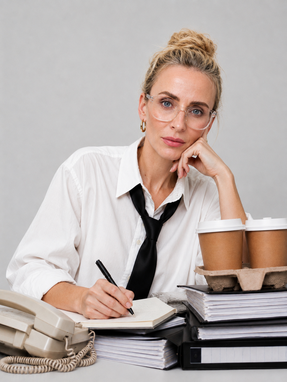 Serious woman sitting at desk with stacks of paperwork, coffee cups, notebook, pen, and vintage telephone, wearing glasses, white shirt, and black tie, in an office setting.