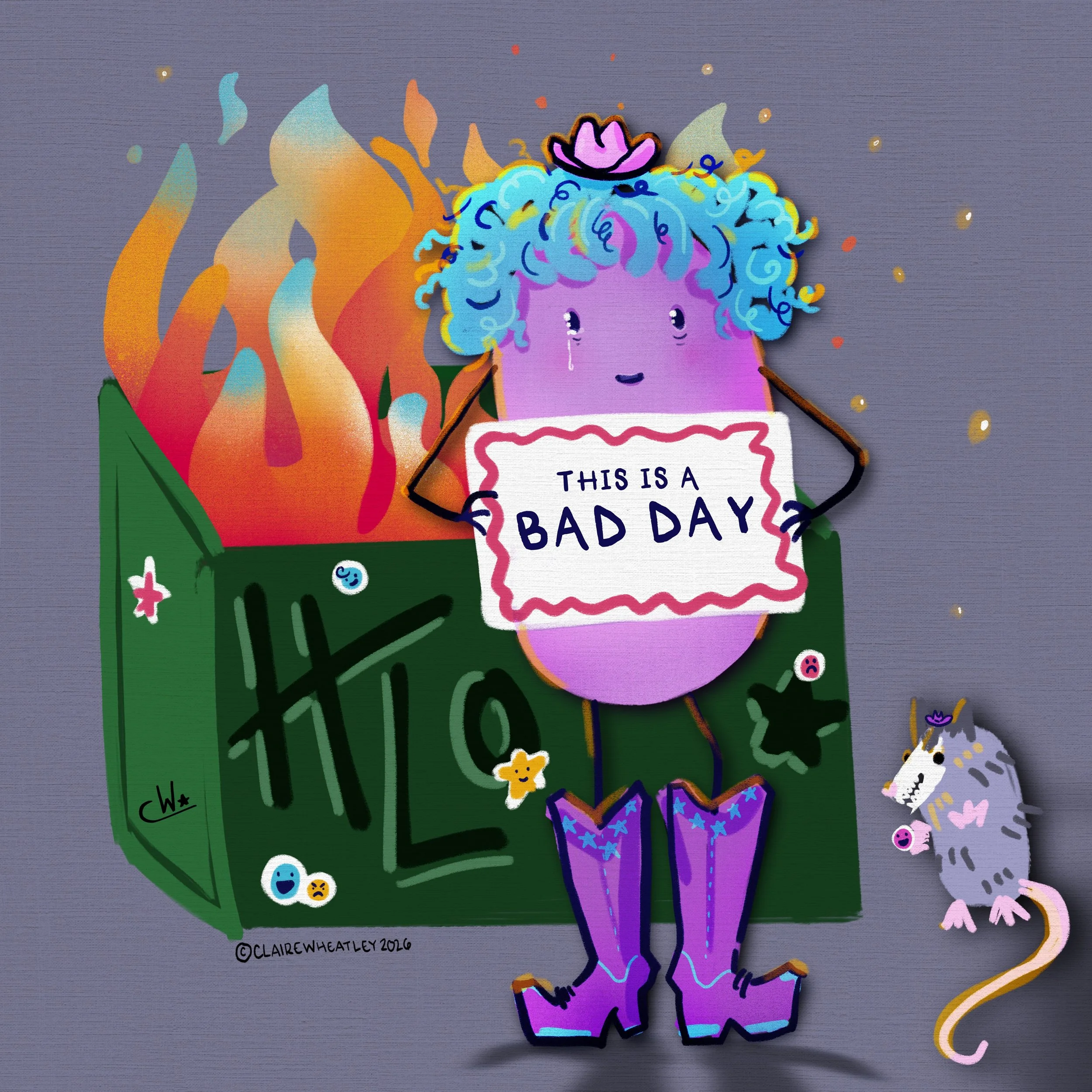Colorful illustration of a cheerful pink unicorn with blue curly hair, adorned with a purple crown, holding a sign that reads 'This is a Bad Day,' with flames and sparkles around it, and cartoonish smiling stars and a dog nearby.