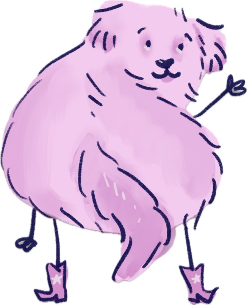 A pastel purple cartoon dog with floppy ears, wearing pink cowboy boots with white stars, sitting and waving.