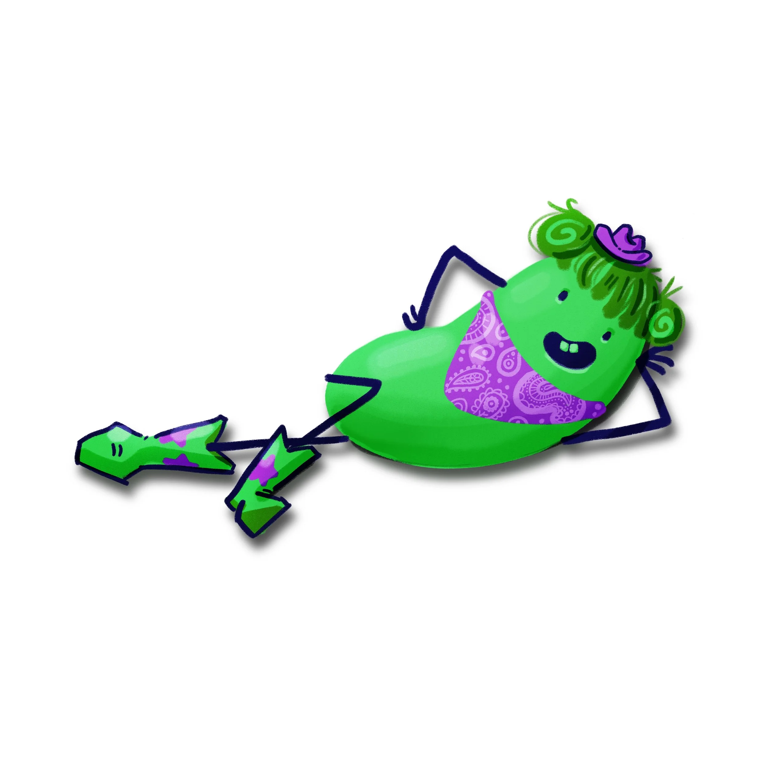 Colorful illustration of a smiling green dinosaur wearing a purple bandana, with spiky hair and a playful expression.