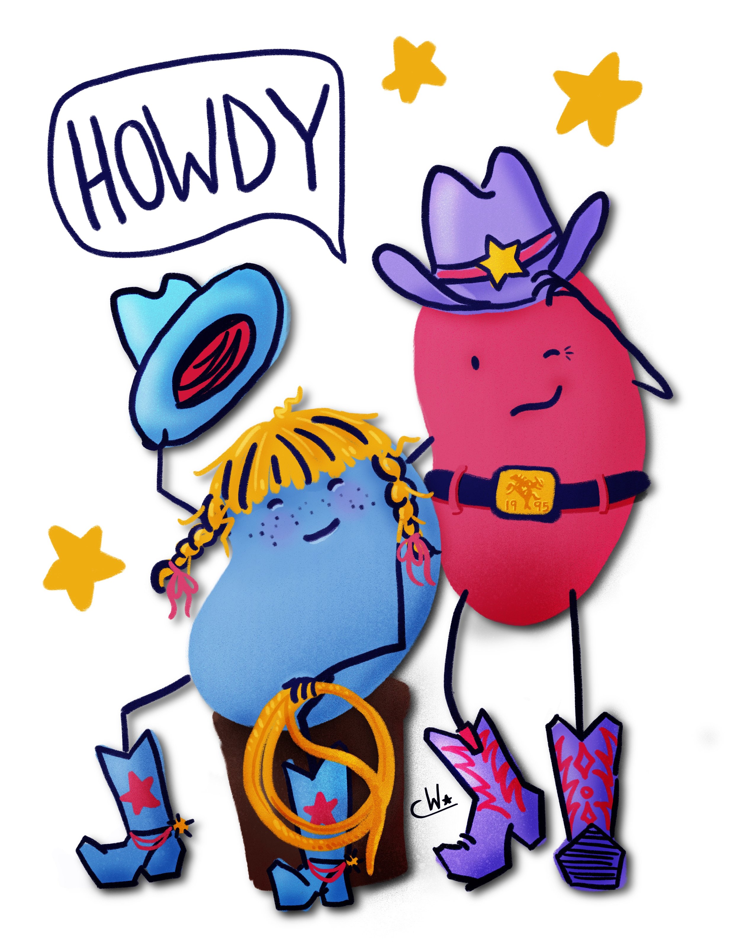 Colorful cartoon characters with cowboy and rodeo themes, including a pink character with purple hat and a blue character with yellow hair, surrounded by stars and boots.