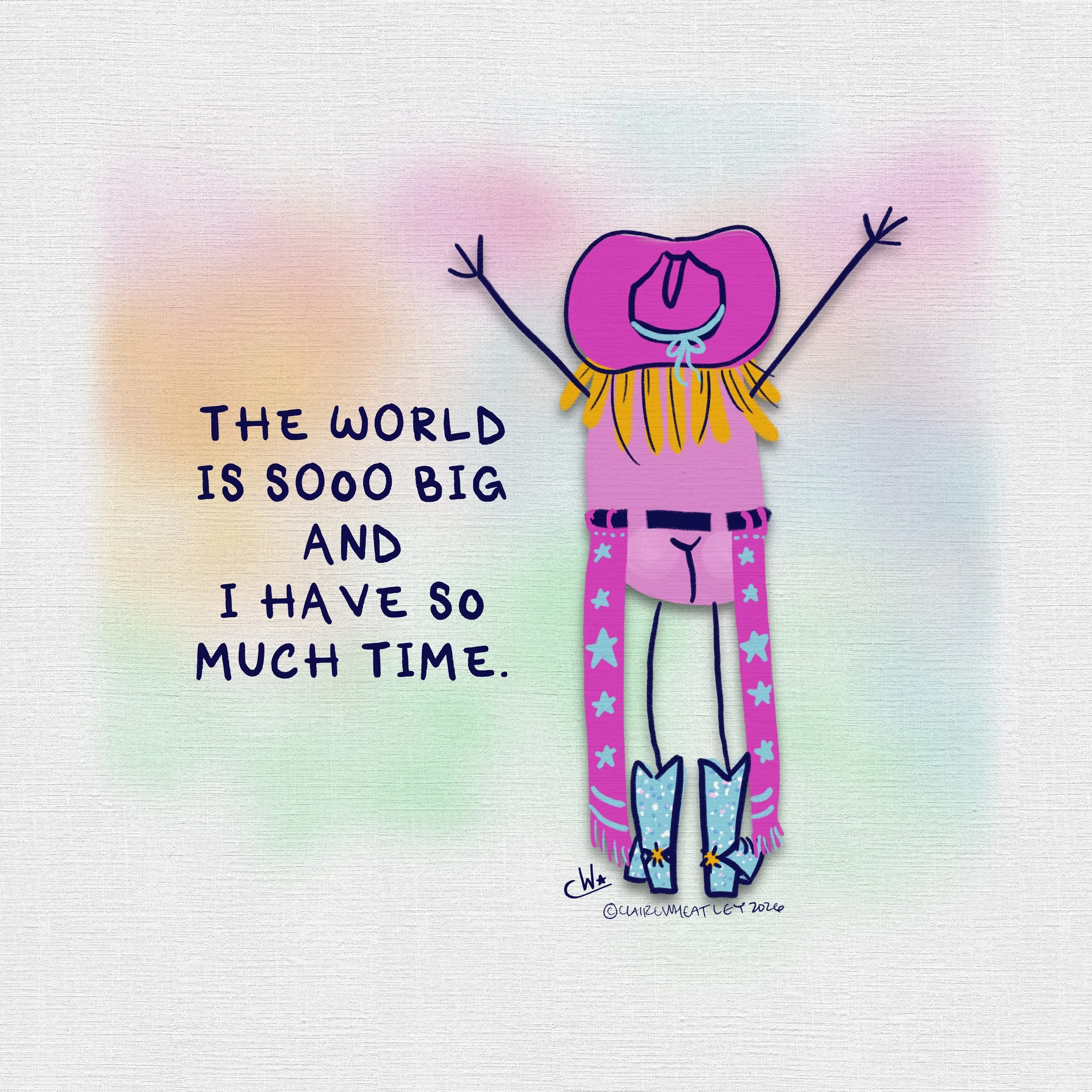 A colorful drawing of a girl with a pink hat, purple hair, and clothing with star patterns, raising her arms in an expressive pose. Part of a text message is visible, reading 'The world is so big and I have so much time.'