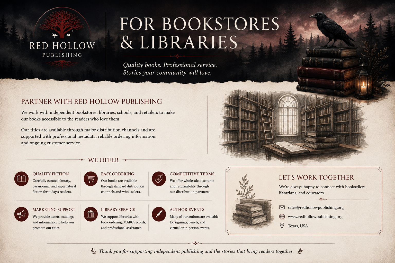 A promotional infographic for Red Hollow Publishing, showcasing their partnership with bookstores and libraries. The design features a dark, forested background with a red tree logo and a black bird perched on a stack of leather-bound books next to a lantern. The interior depicts a vintage library with shelves filled with books and a large window. The infographic includes sections detailing the company's offerings, contact information, and a message of appreciation.