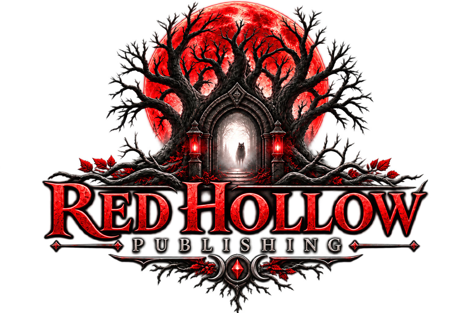 Dark fantasy artwork with a large red moon in the background, a haunted forest of twisted trees, an archway leading into a foggy scene with a black wolf, and a prominent logo for Red Hollow Publishing in red and white text.