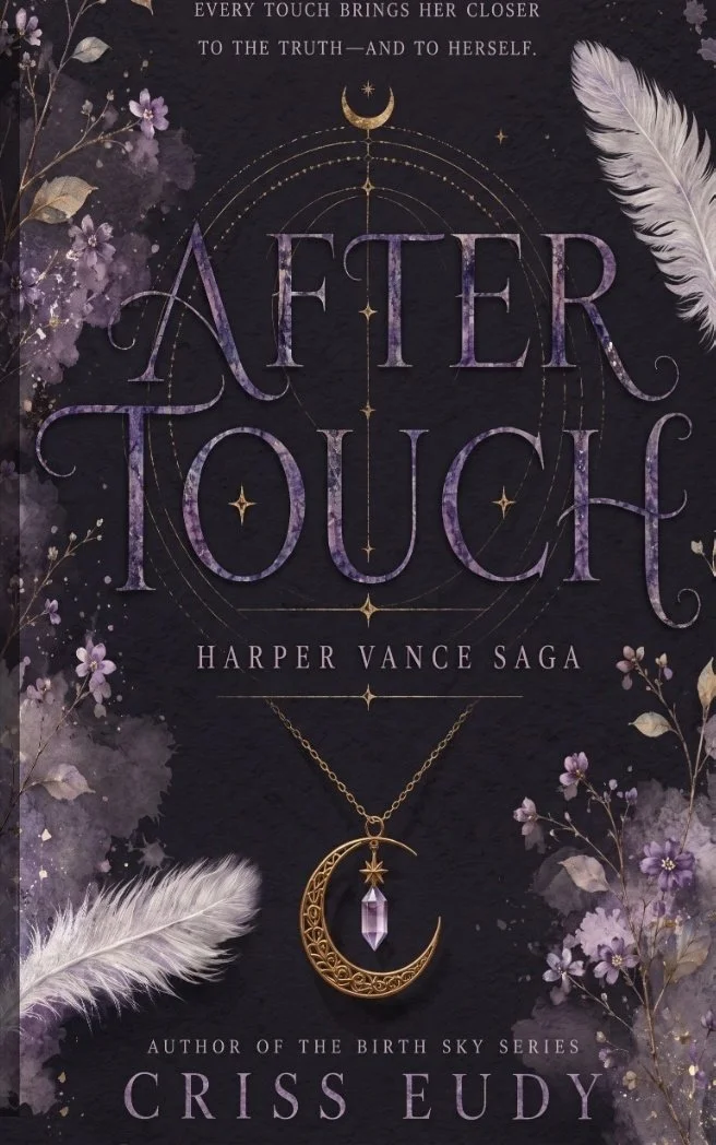 Book cover for "After Touch" by Criss Eudy with dark background, purple and white floral accents, and celestial motifs including a crescent moon, stars, and a necklace with a crescent moon and crystal pendant.