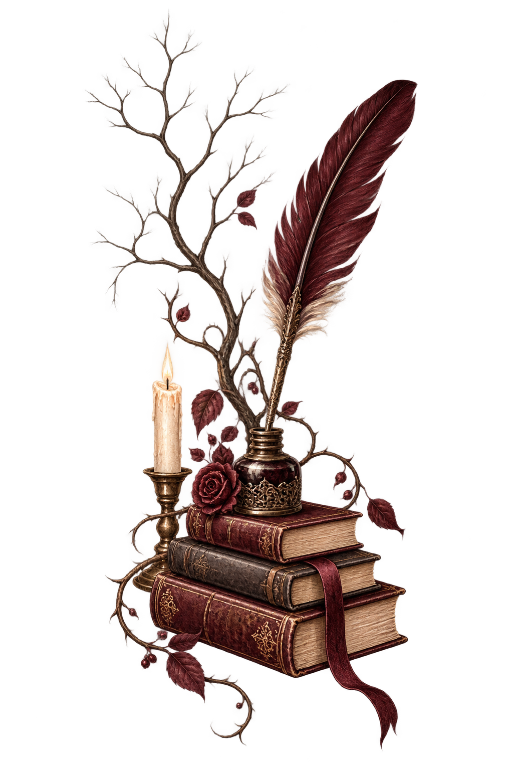 A vintage-themed still life featuring a lit candle, a stack of three old leather-bound books, a rose, a glass inkwell with a feather quill, and a leafless branch with small red leaves.