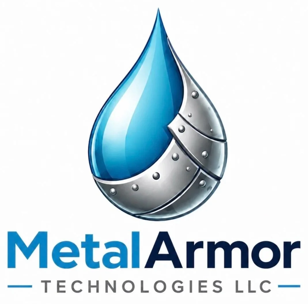 Logo of Metal Armor Technologies LLC featuring a metallic blue and gray droplet with rivets, and the text "Metal Armor Technologies LLC" beneath it.