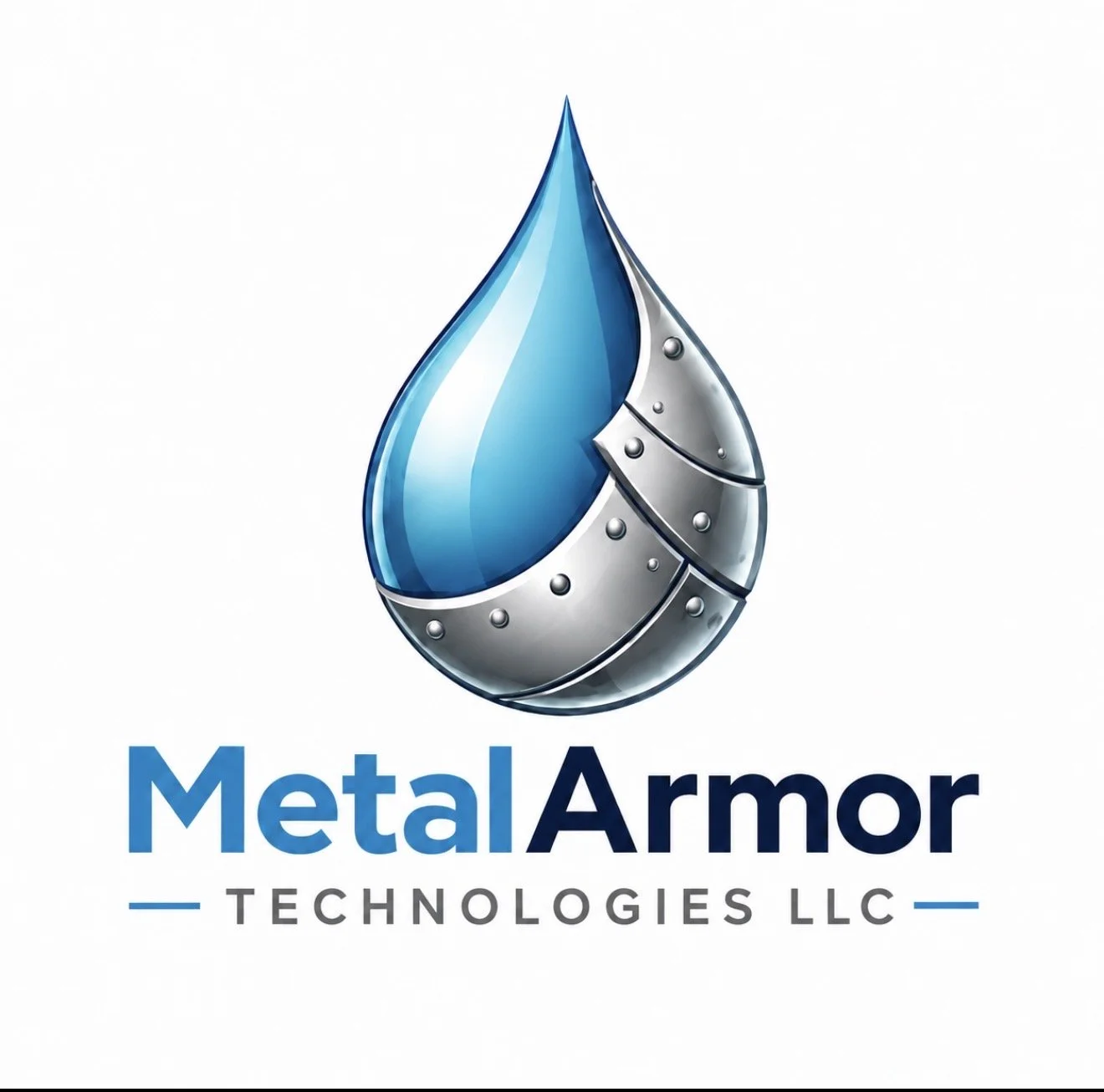 A logo for Metal Armor Technologies LLC featuring a stylized metallic and blue water droplet with armor plates and rivets, with the company name below in blue and black text.
