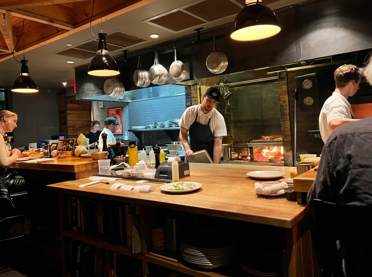 Inside a busy restaurant with chefs cooking over an open flame kitchen and customers seated at the counter.