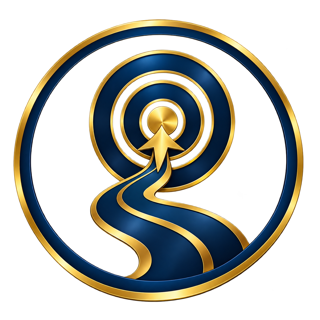 A stylized logo with concentric circles in gold and dark blue, a winding road leading to a circular end, and an arrow pointing towards the center, all enclosed within a gold-ringed circular border.