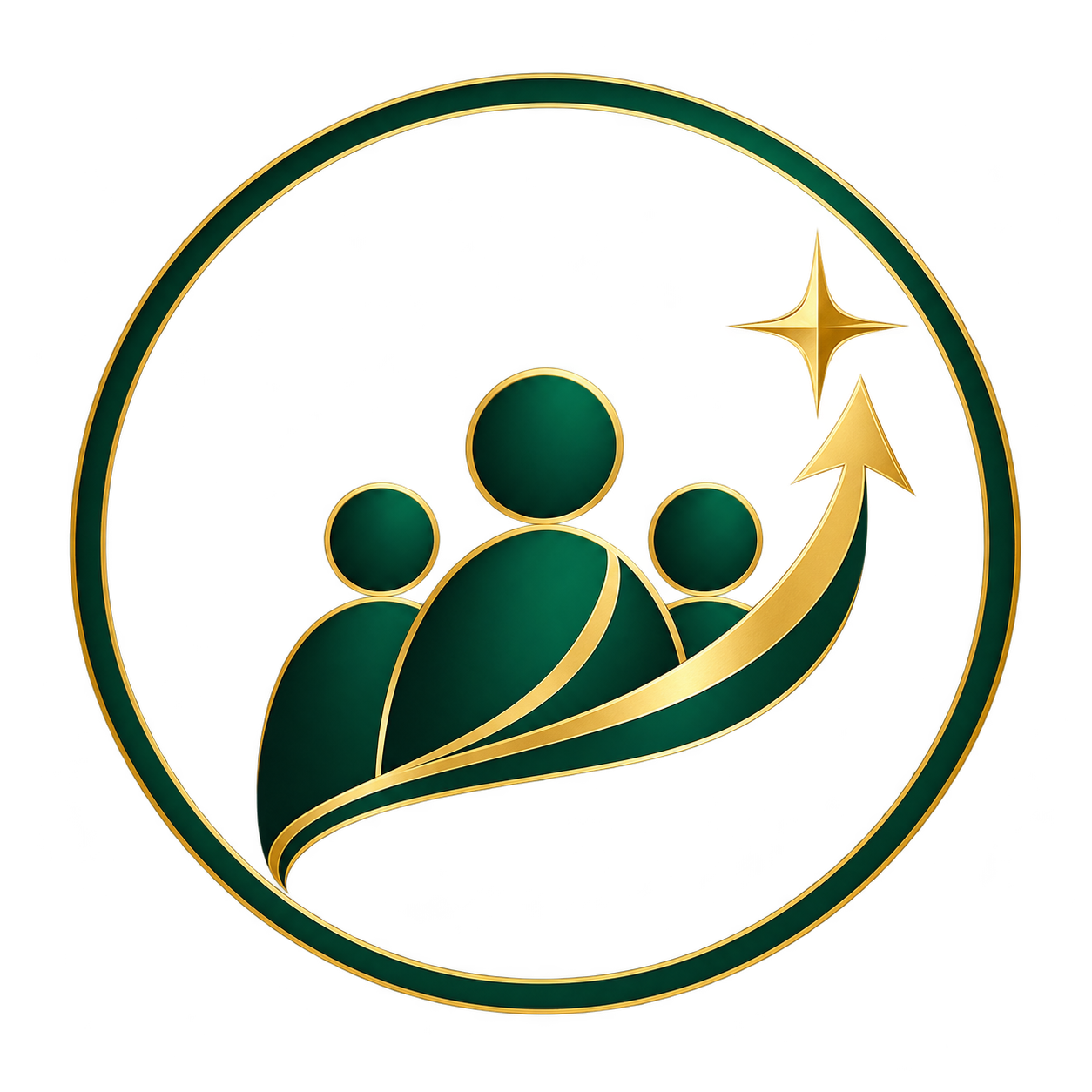 A logo featuring stylized green human figures with gold outlines, surrounded by a gold crescent arrow and star accents, on a circular dark green background.