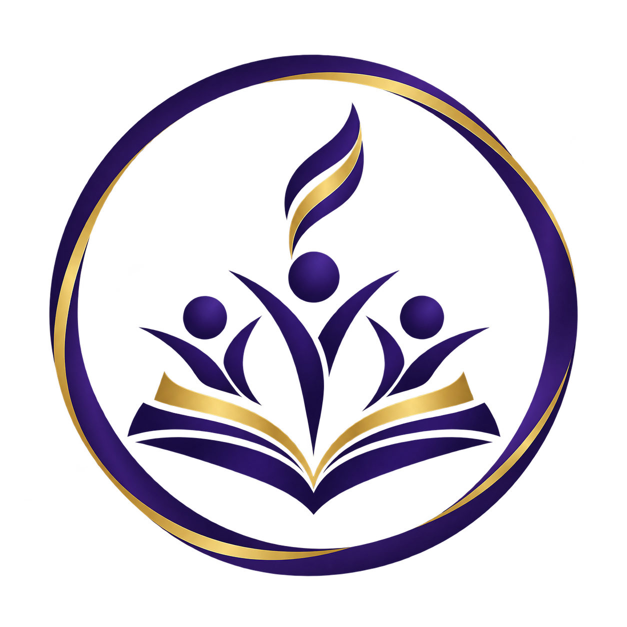 A circular logo with a navy blue open book at the bottom, three abstract human figures rising from the book, and a stylized flame above them, all enclosed within a circle, with navy blue and gold colors.