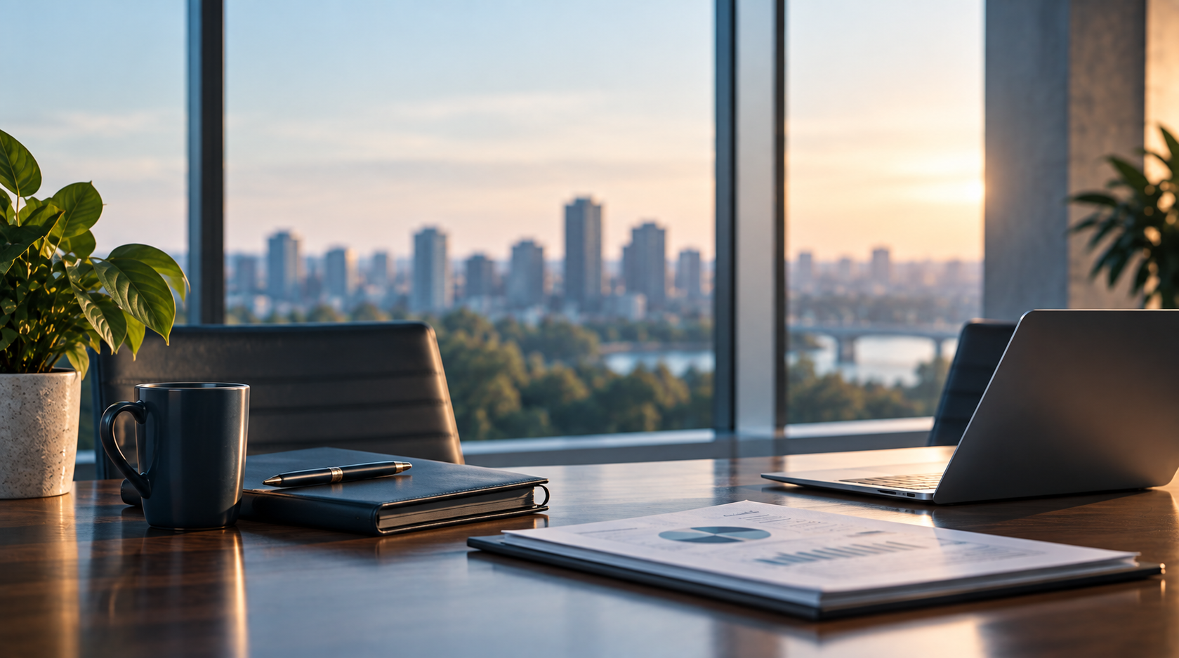 Office desk with a potted plant, mug, notebook, pen, laptop, and documents, with a city skyline view through large windows during sunset.