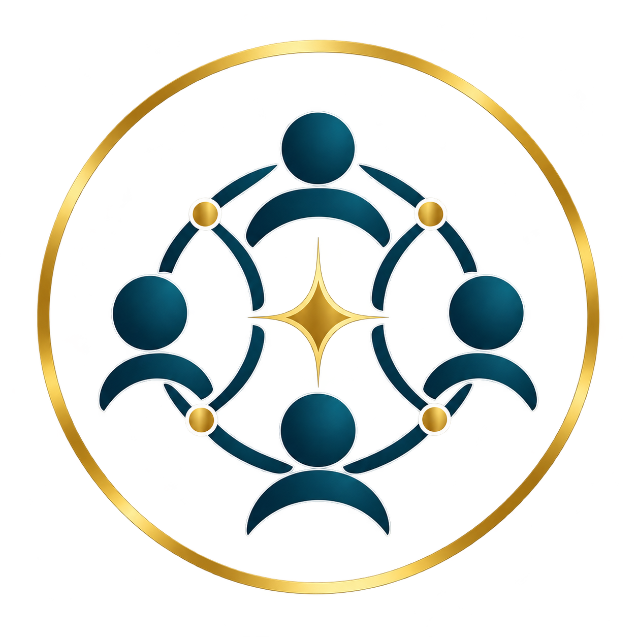 Icon representing teamwork and collaboration with six interconnected human silhouettes arranged in a circle, connected by lines and secured with gold nodes, inside a gold circular border.