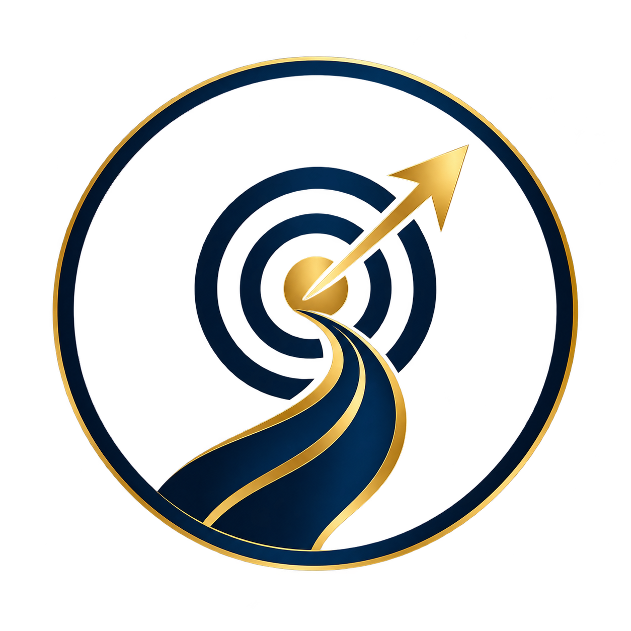 A stylized logo with a winding road leading to a gold sphere, a large gold arrow pointing upward, and a red and yellow bar chart in a circular frame.