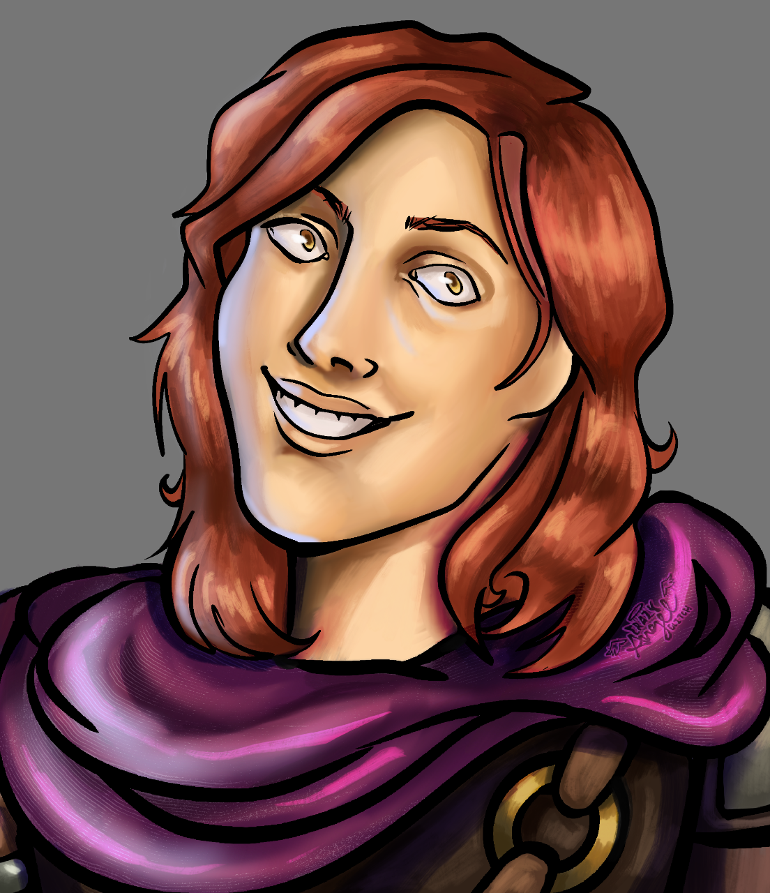 Digital illustration of a woman with red hair, light skin, and a big purple scarf, smiling against a gray background.