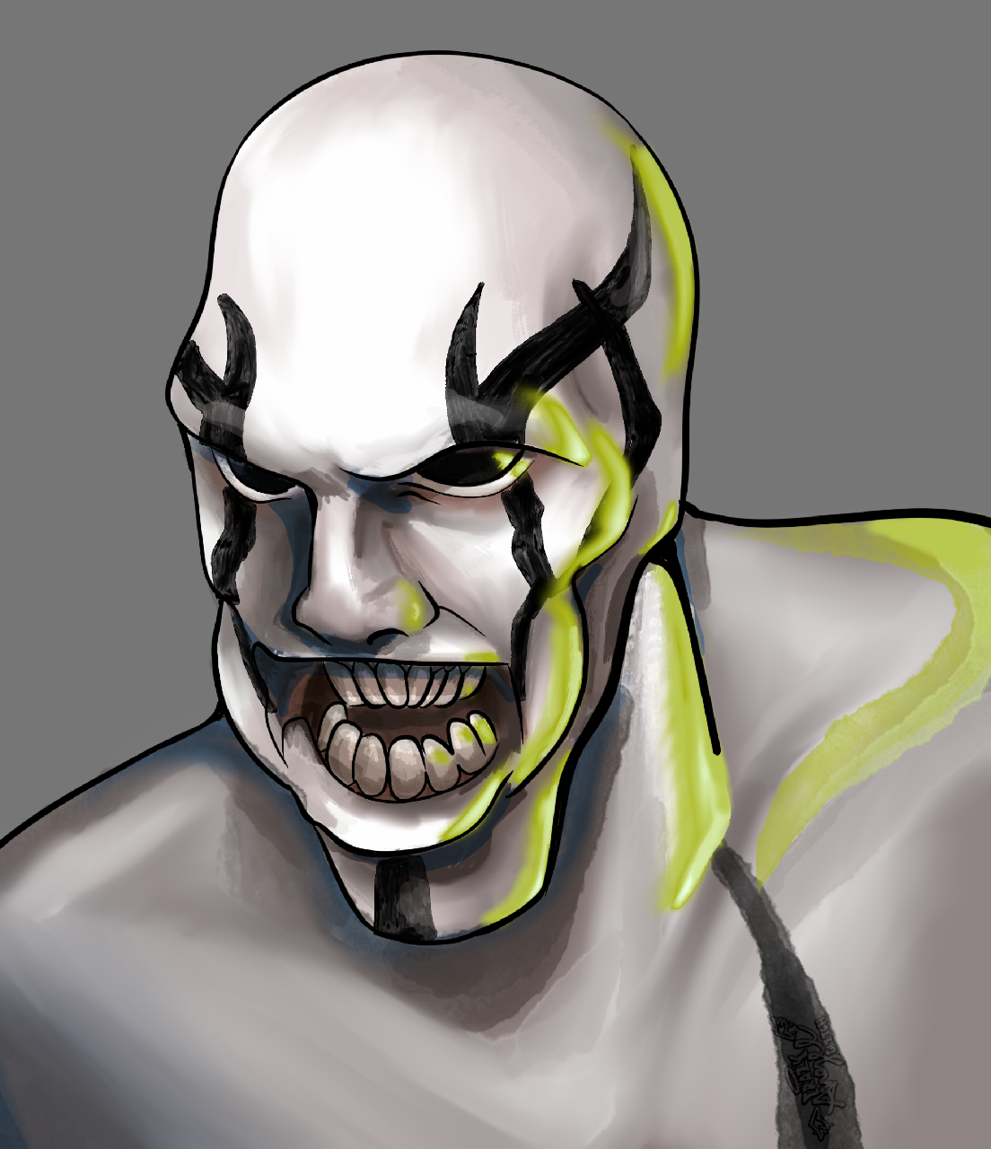 A digital drawing of a menacing clown with black face paint, sharp teeth, and glowing yellow accents, set against a plain gray background.