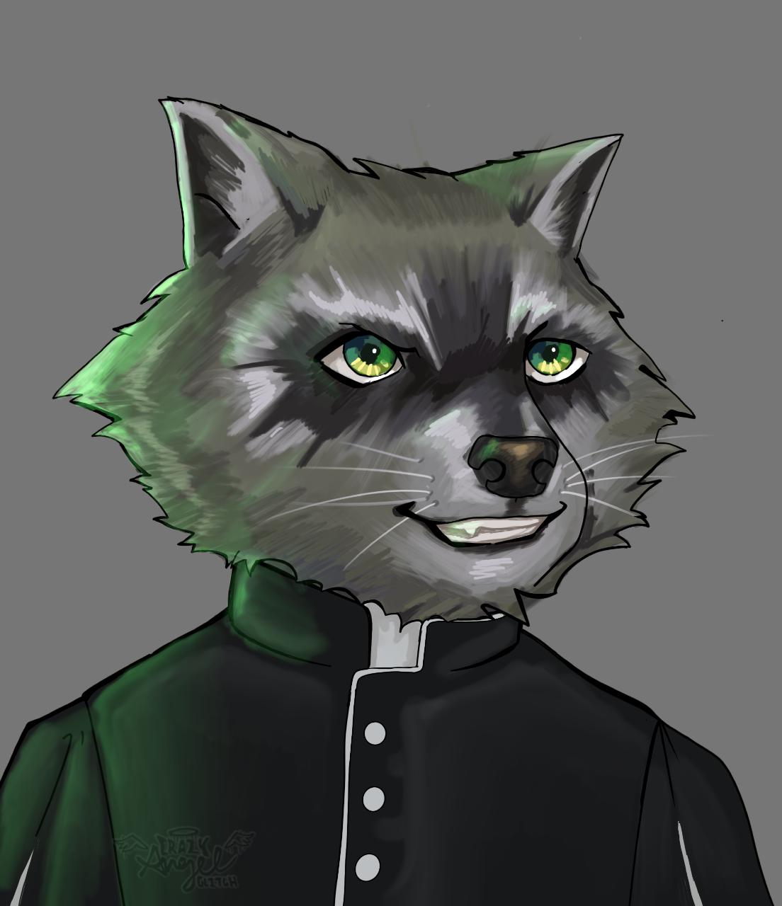 Digital illustration of a raccoon anthropomorphized as a human, with green eyes and wearing a black jacket, against a gray background.