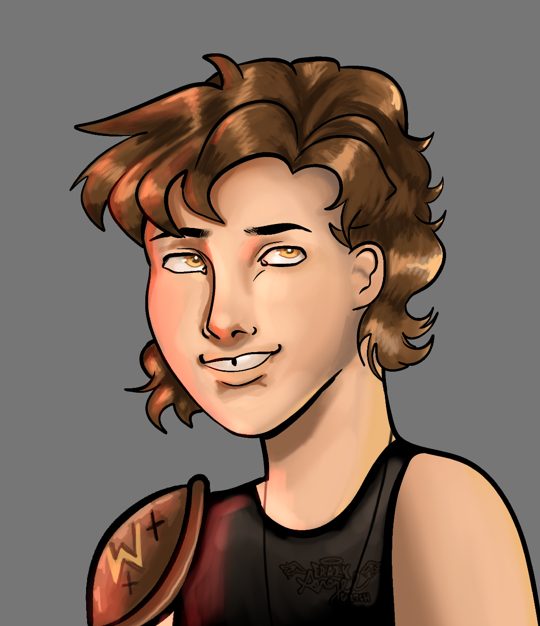Digital illustration of a young person with wavy brown hair, smirking, wearing a black sleeveless shirt, and a shoulder bag with a patch.