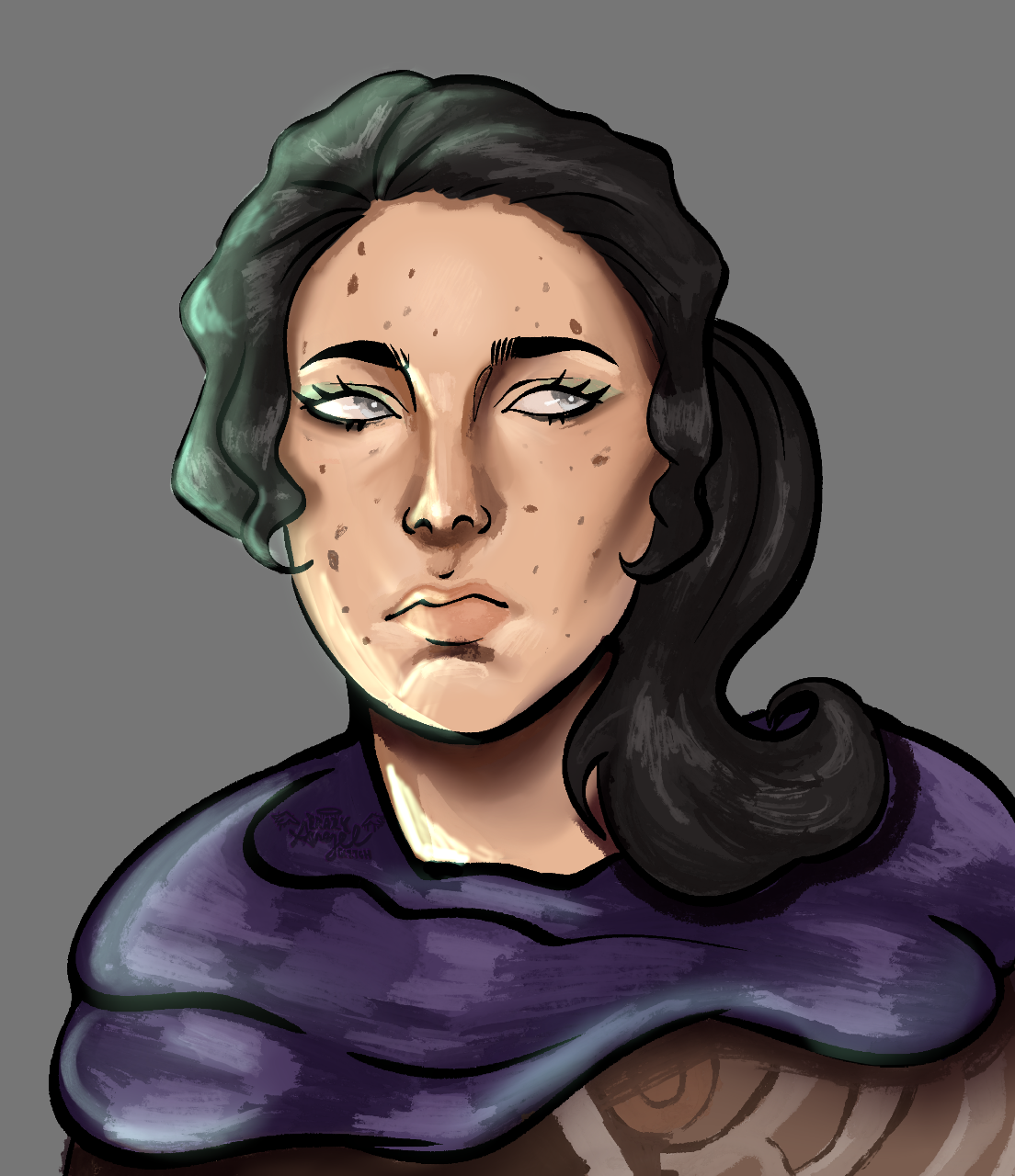 Digital artwork of a woman with long dark hair, greenish highlights, gray eyes, and a serious expression, wearing a purple top, set against a gray background.