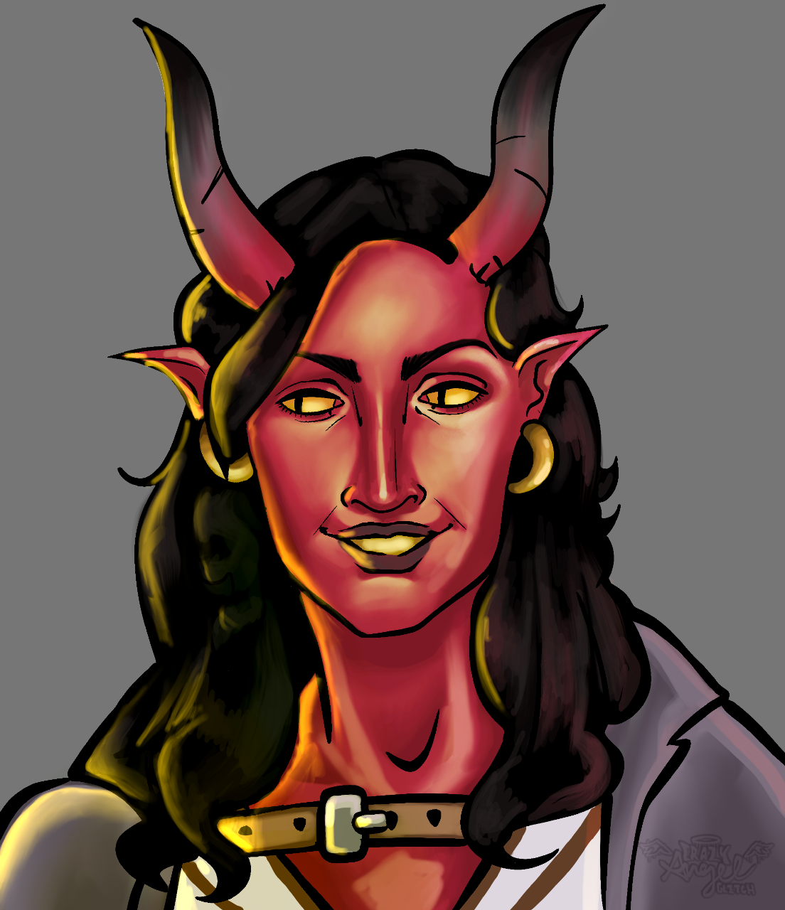 Digital illustration of a female demon with red skin, yellow eyes, large horns, pointed ears, and gold jewelry, smiling against a gray background.