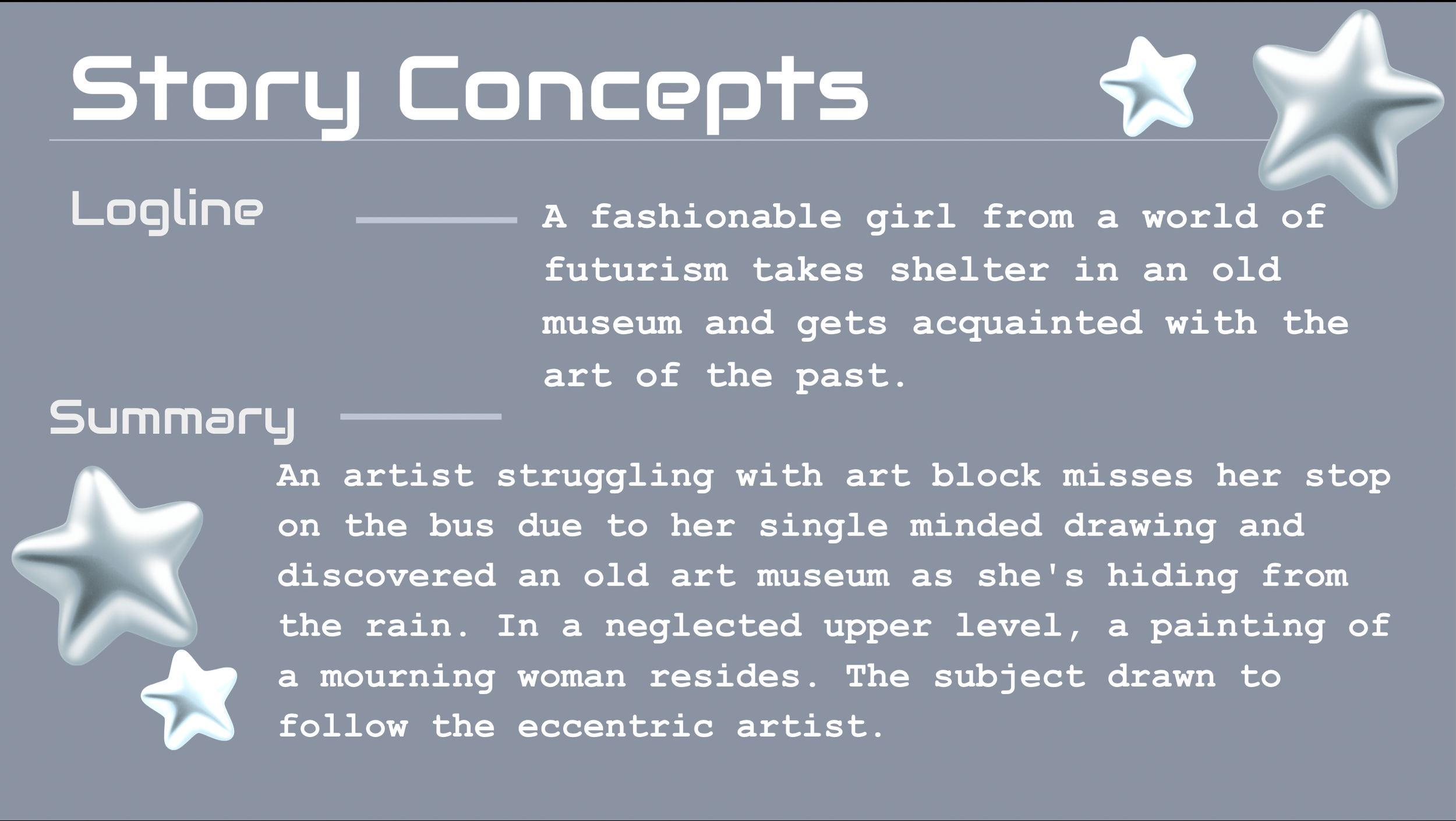 Text about story concepts with decorative silver star graphics on a gray background.