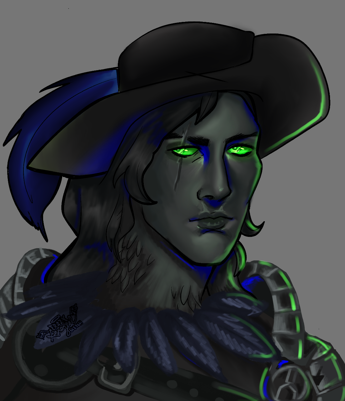 Digital artwork of a humanoid character with glowing green eyes, dark hair, a black wide-brimmed hat, and feathered adornments, with neon green and blue accents on clothing and accessories.