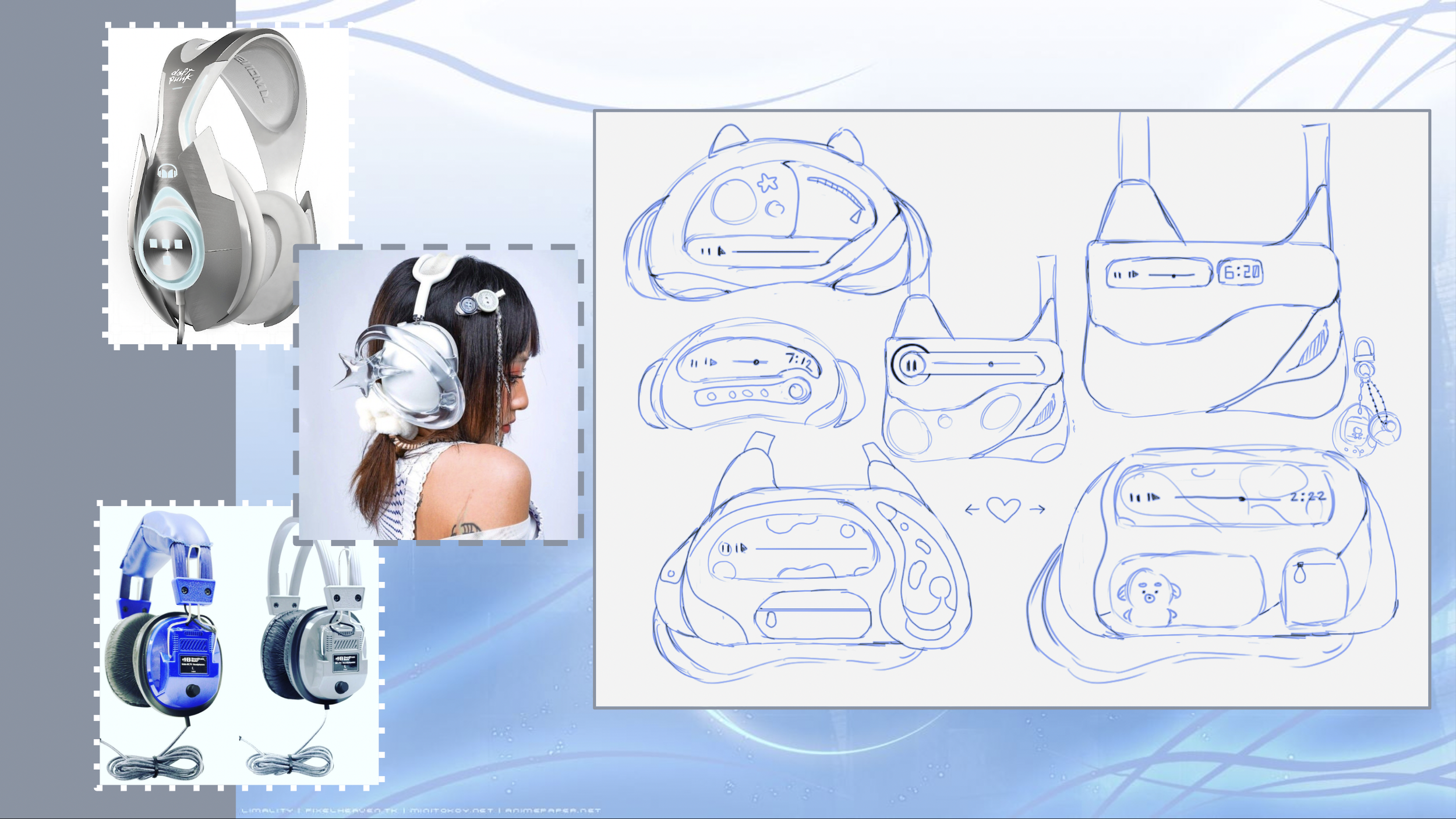 Image of various headphones, including a photo of a woman wearing futuristic-style headphones with a star-shaped decoration, sketches of headphone designs, and several other headphone models, including over-ear and wired versions.