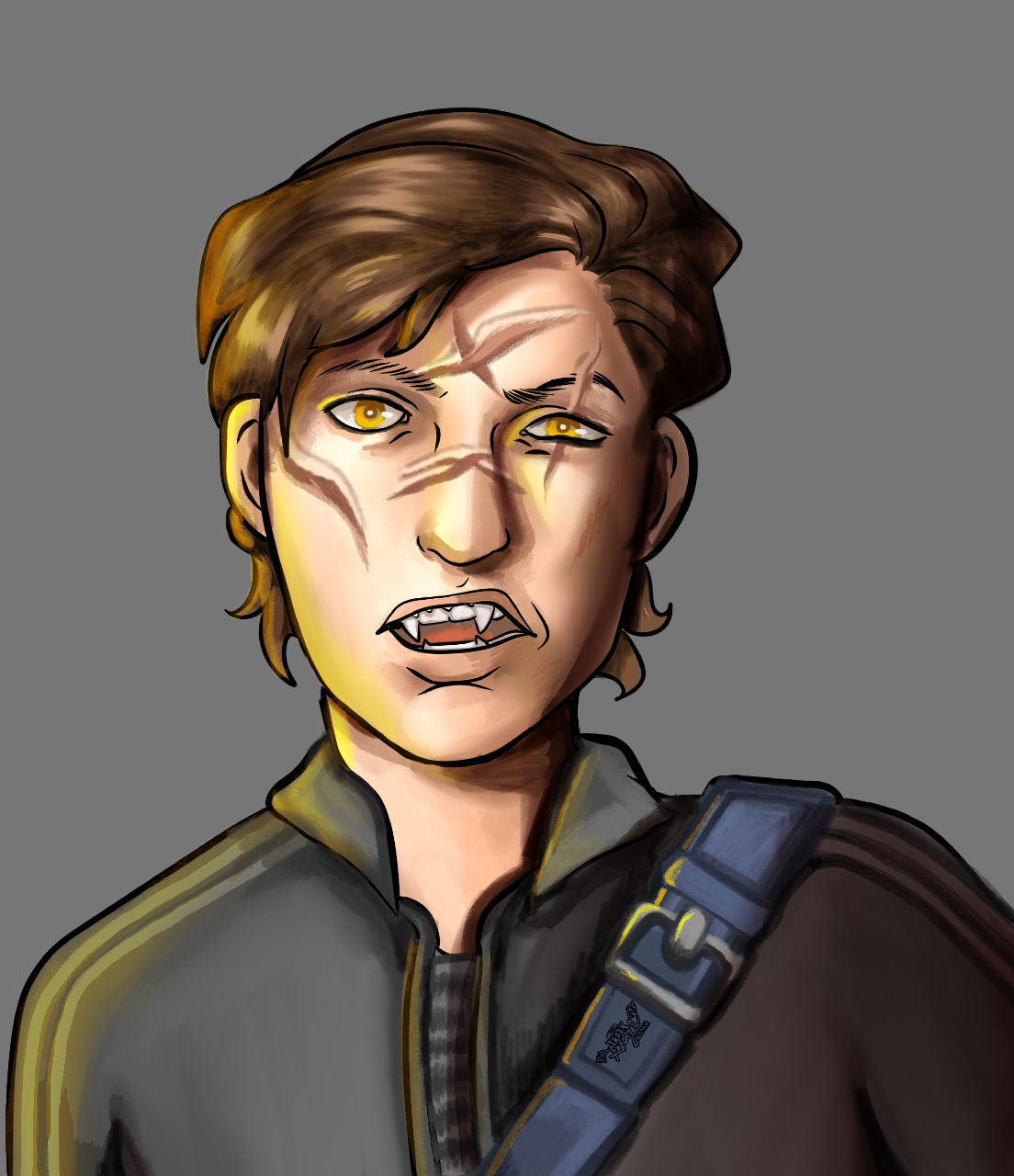 Digital illustration of a young person with short brown hair, yellow eyes, fanged teeth, wearing a dark jacket and a strap across their chest, against a gray background.