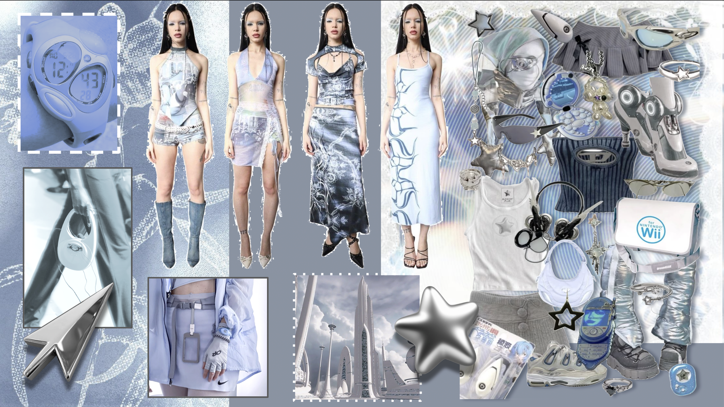 A collage of futuristic and fashion items with a blue color theme, including models in modern clothing, digital watches, accessories, technology gadgets, and rocket imagery.