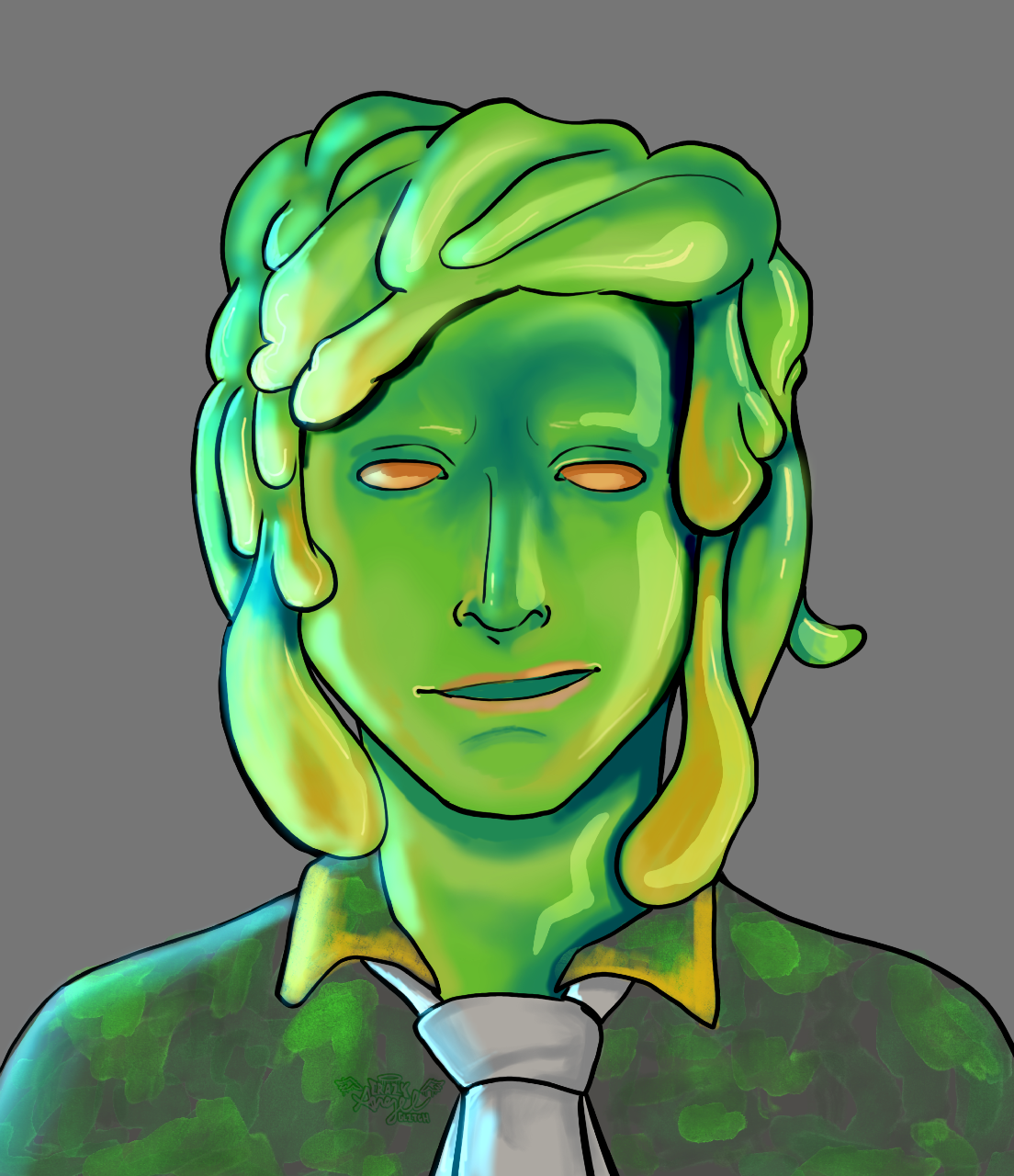 A vibrant digital illustration of a green-skinned person with long, flowing, multicolored hair, wearing a shirt and tie, set against a gray background.