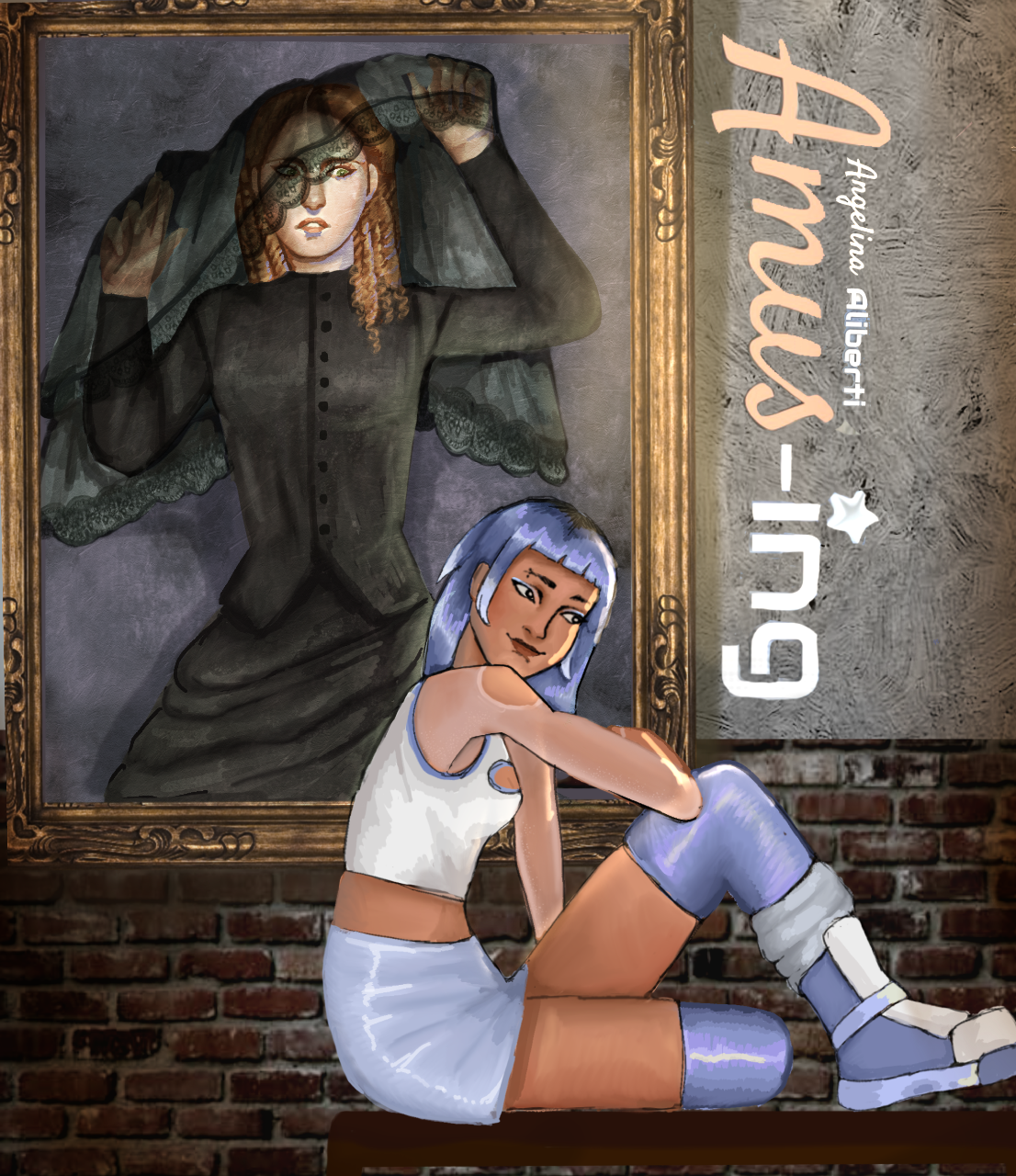 A girl with purple hair sitting on a bench in front of a large framed painting of a woman with red hair, wearing black clothing and a veil, with a brass frame. The girl is wearing a white sleeveless top, a white skirt, and purple thigh-high socks. The background has a textured gray wall and a brick wall below the painting.