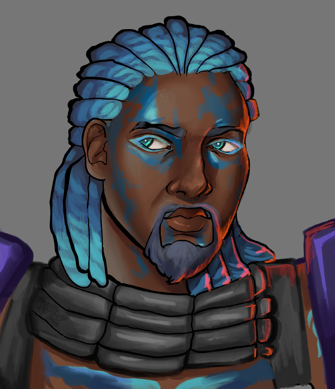 Digital portrait of a person with blue dreadlocks, intense teal eyes, dark skin, and wearing futuristic armor.