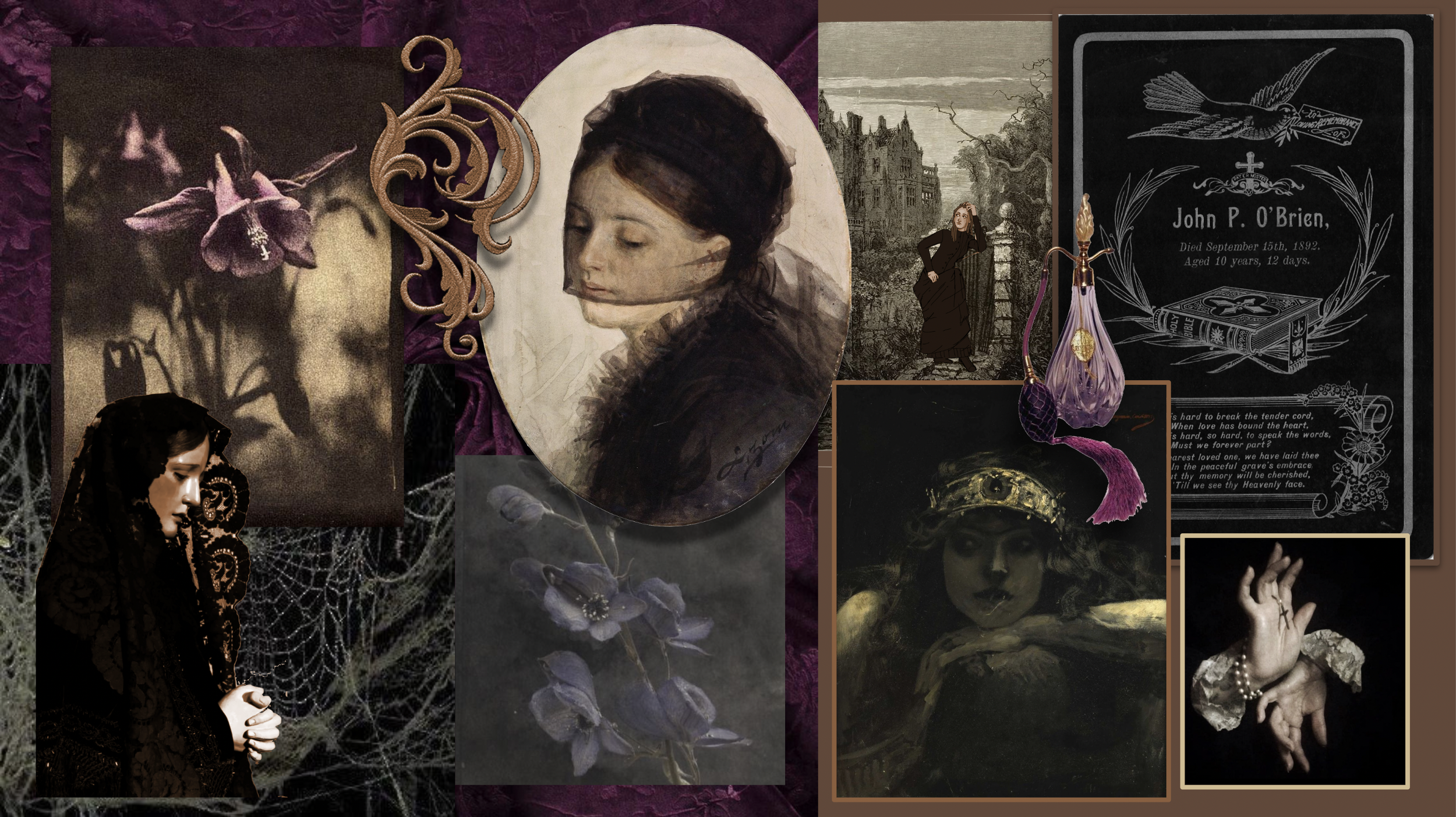 A collage of dark-themed images including a woman with closed eyes, a gravestone with inscriptions, a Gothic castle, a black-and-white drawing of a bird, and a woman's portrait with jewelry, set against a textured purple background with decorative el