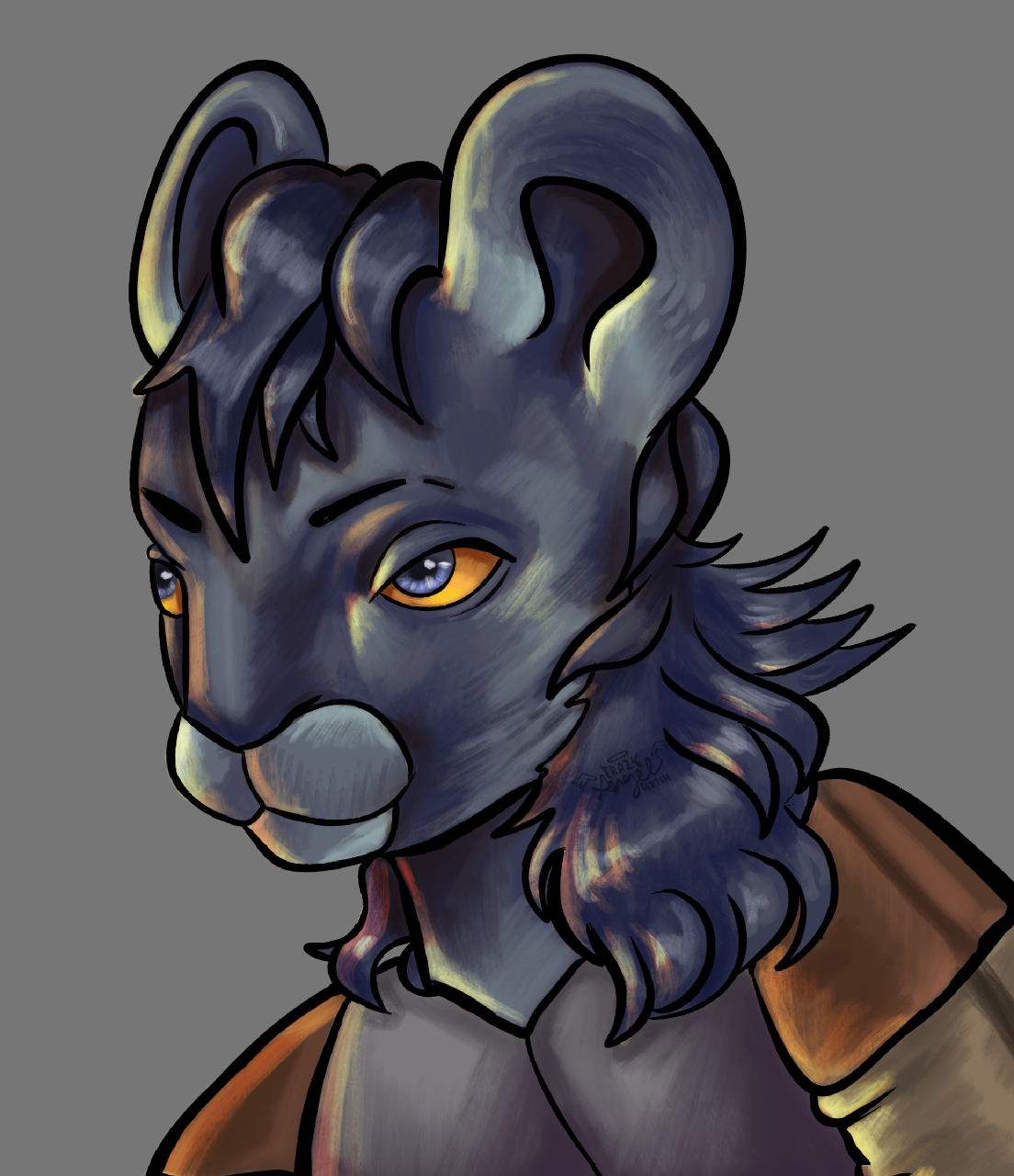 Digital illustration of an anthropomorphic feline character with blue-gray fur, yellow eyes, and a serious expression, wearing a brown cloak or jacket against a gray background.