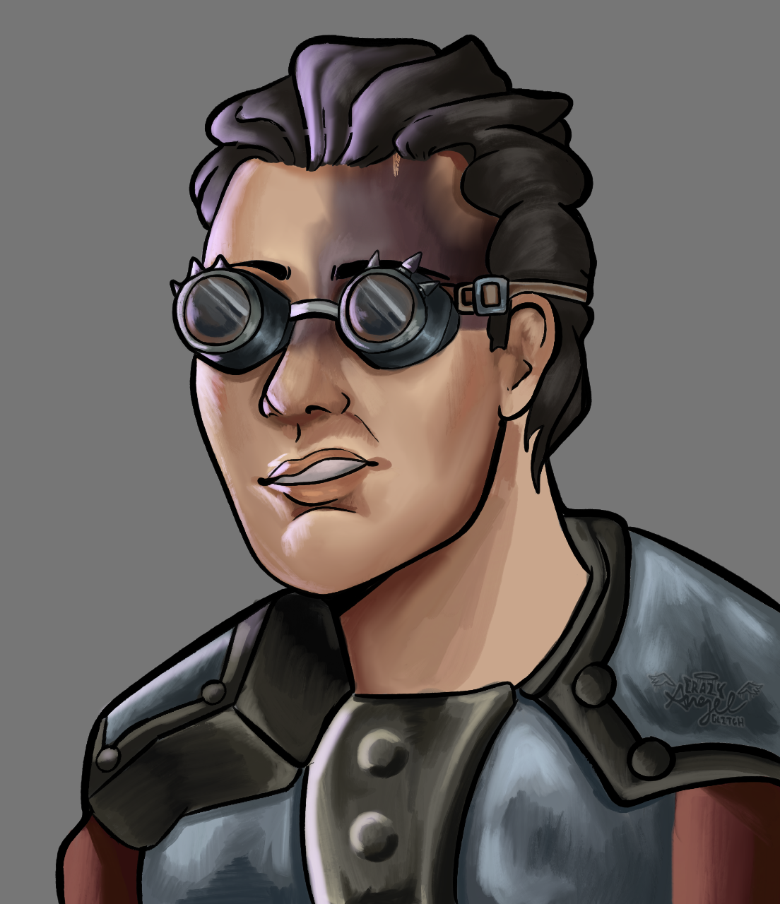 Digital illustration of a person with styled hair wearing goggles with spikes, a leather vest, and a confident expression.