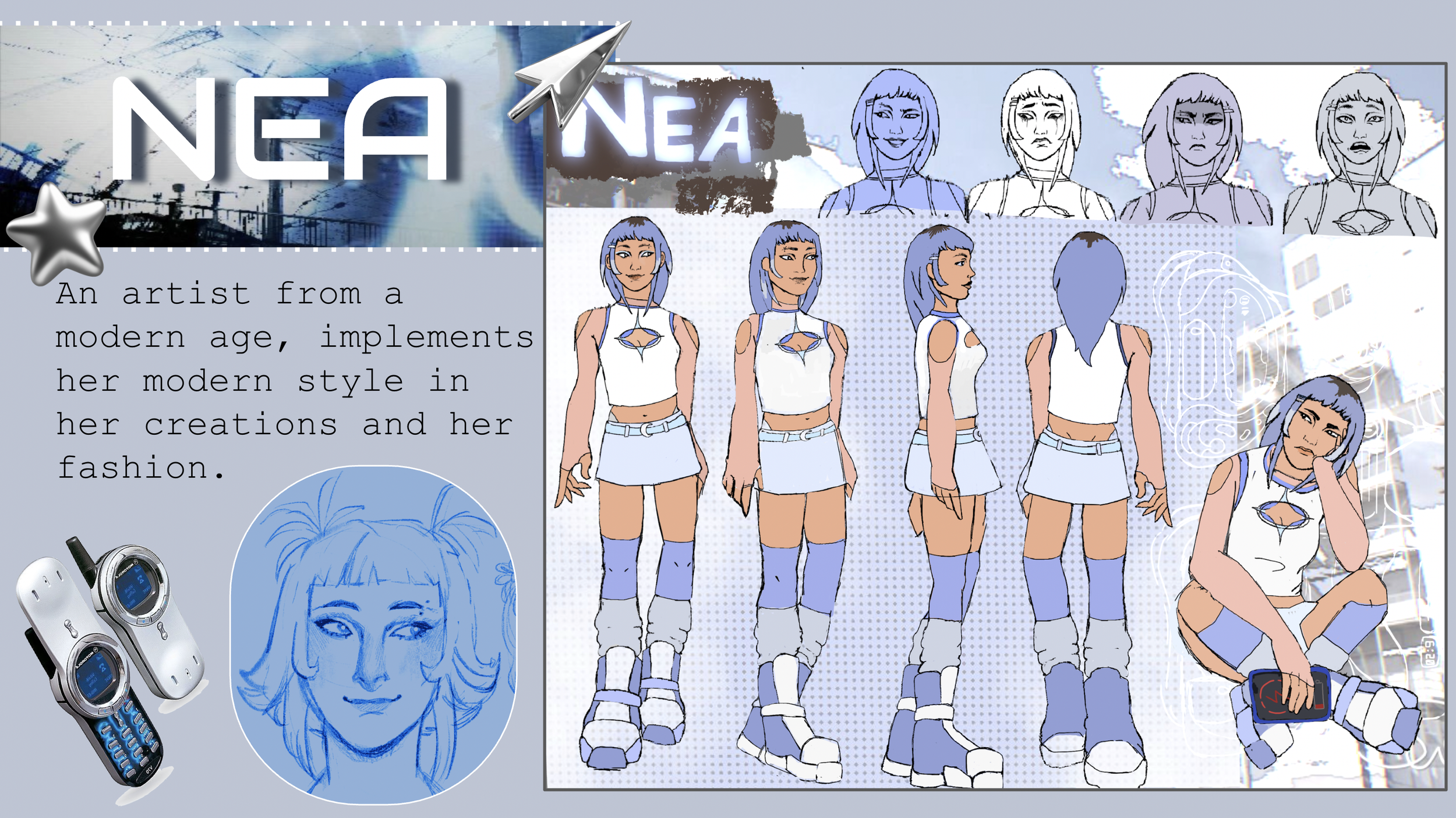 Digital collage featuring a modern digital artist's depiction of a young woman with shoulder-length blue hair, multiple sketches of her face showing different expressions, full-body colored illustrations in futuristic streetwear, a stylized blueprint