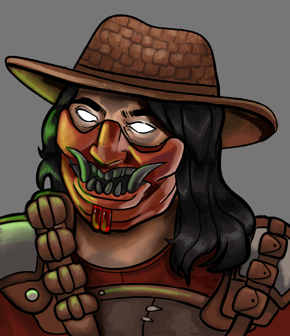 A digitally illustrated skeleton character with long black hair wearing a brown hat with a woven pattern and brown armor. The skeleton has a menacing expression with white eye sockets and a large, grinning skull with green accents around the mouth an