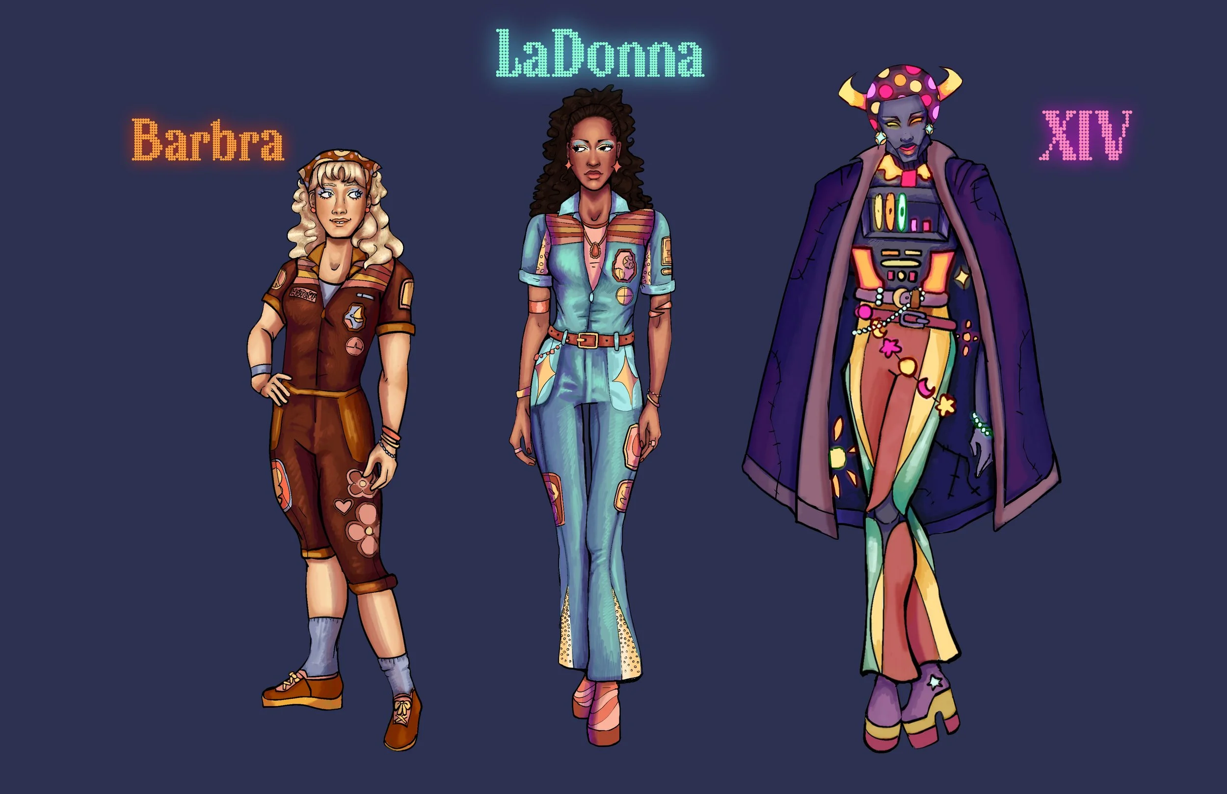Illustration of three diverse characters dressed in colorful outfits, with neon text above their heads reading "La Donna," "Barbara," and "XIV," against a dark background.