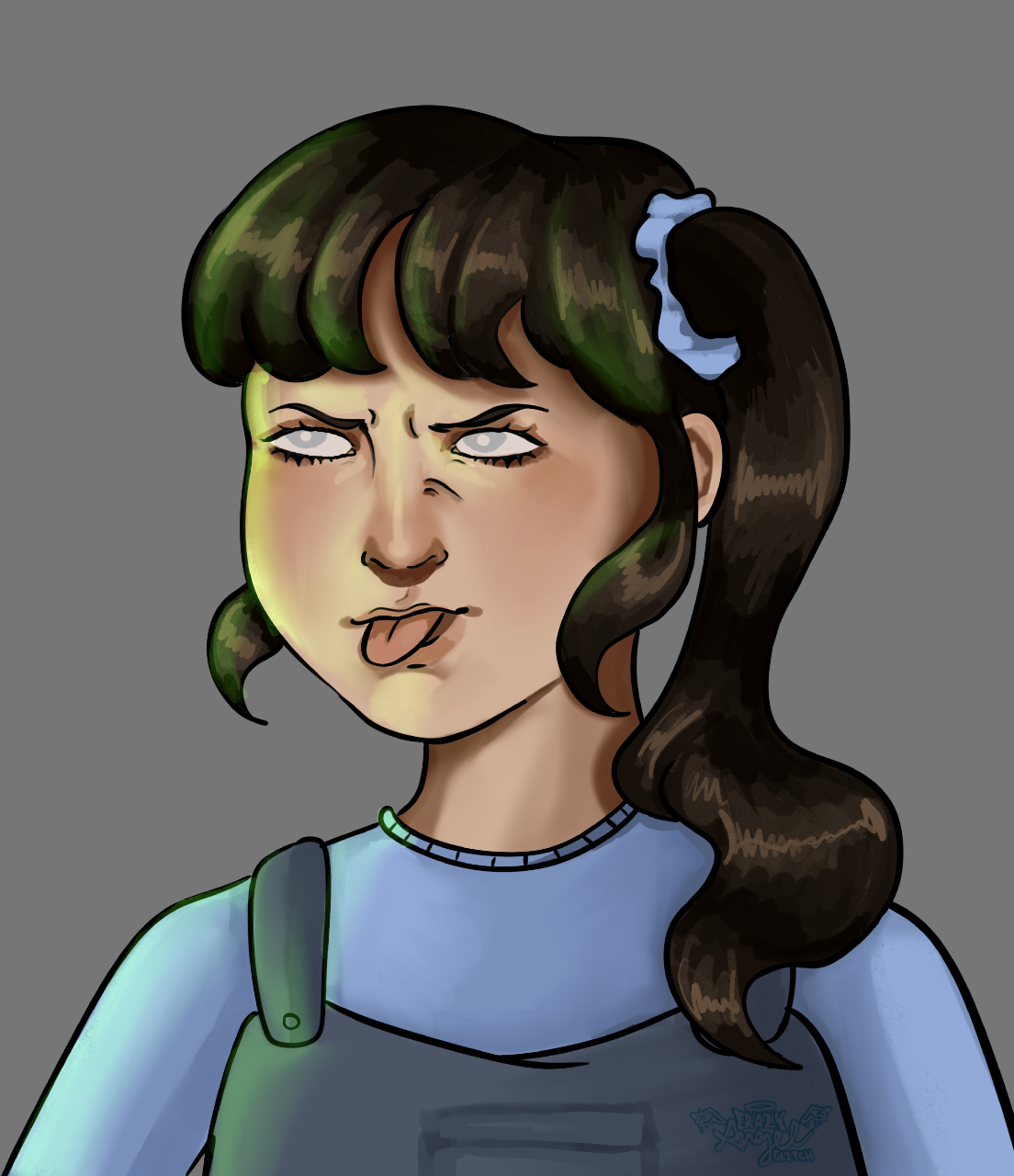 A cartoon girl with brown hair in a ponytail, wearing a blue shirt and overalls, making a funny face with her tongue sticking out and her eyes rolled upward.